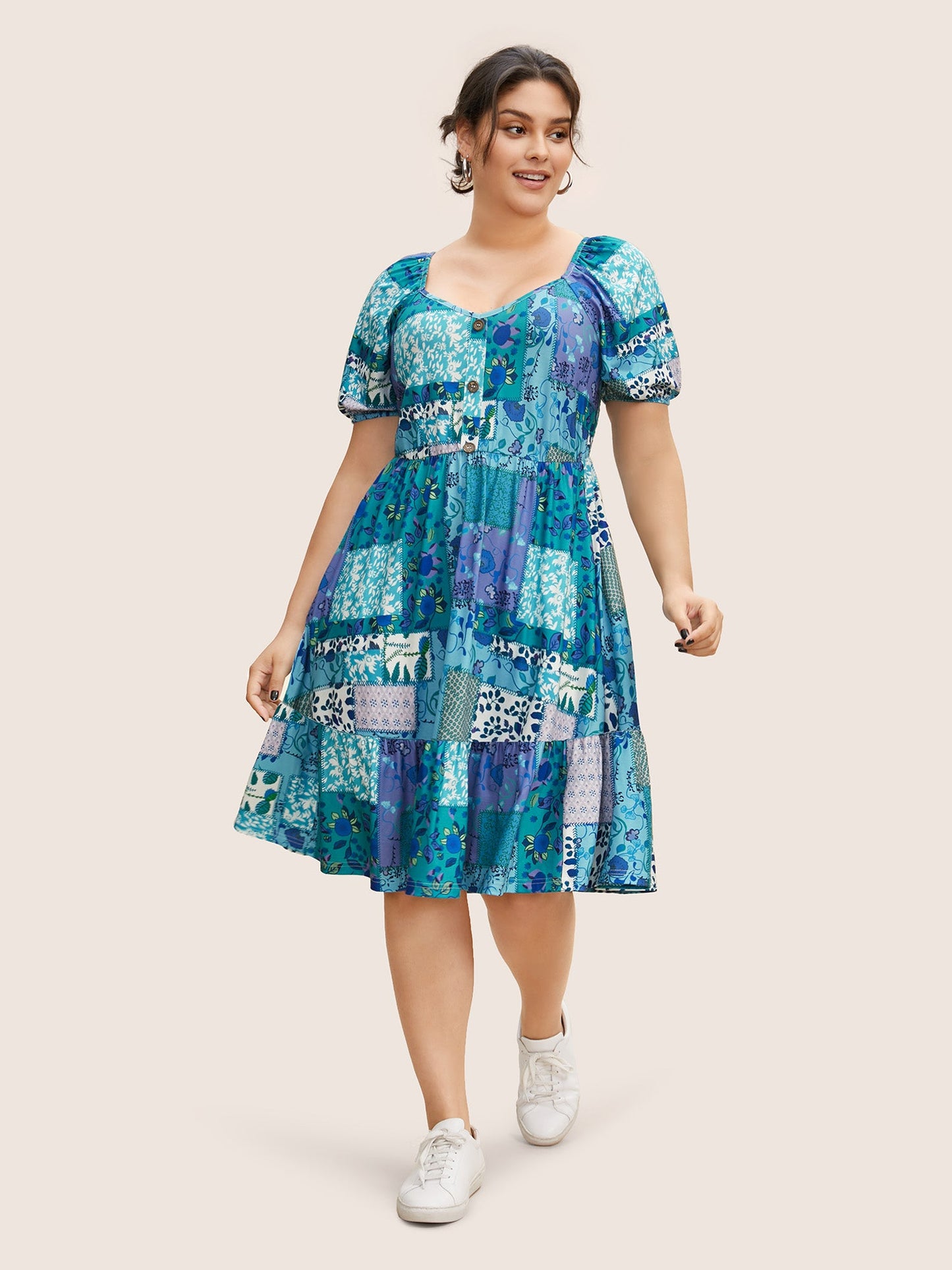 Patchwork Boho Print Raglan Sleeve Midi Dress