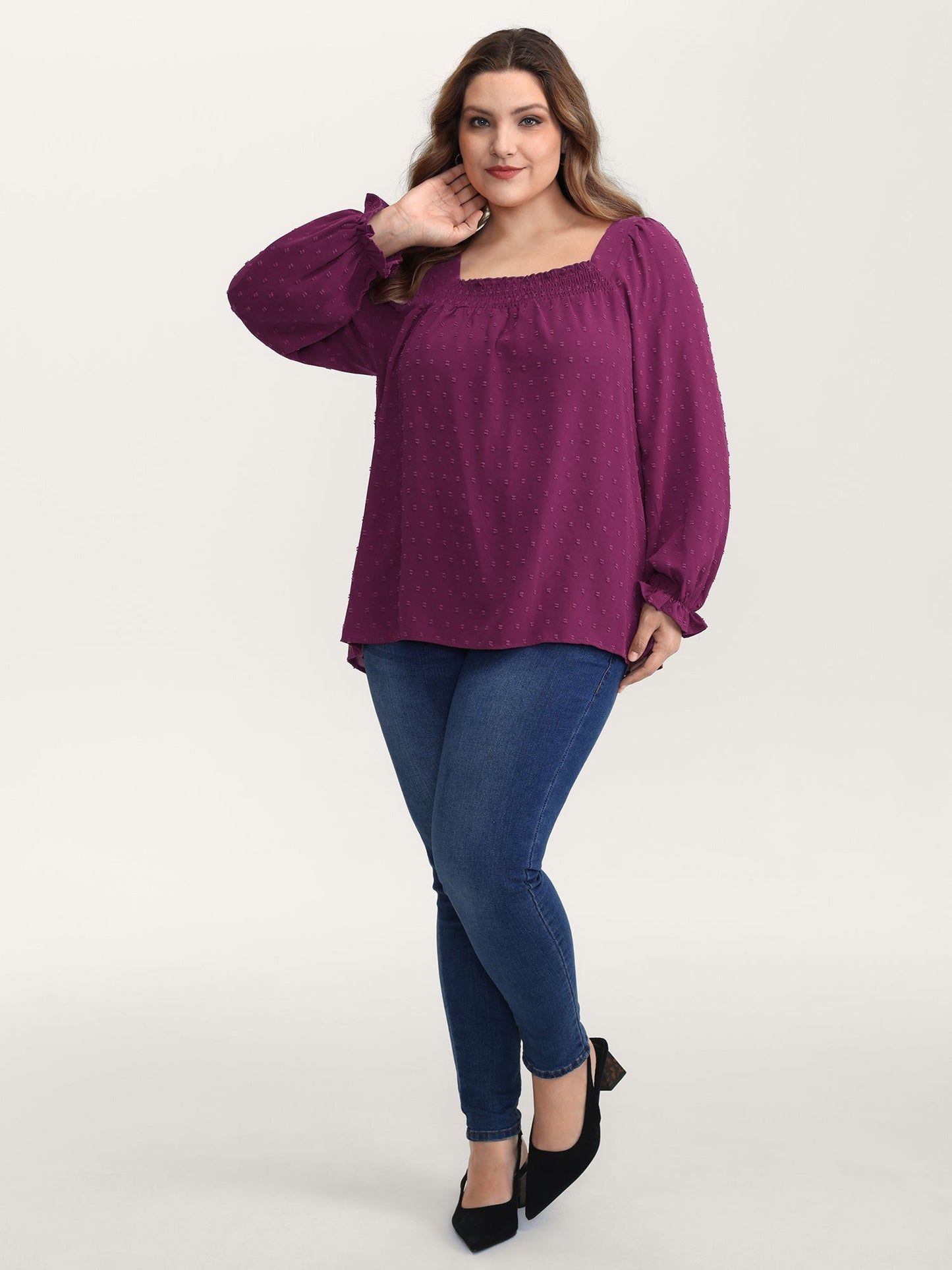 Shirred Neckline Bust-Ease Textured Blouse