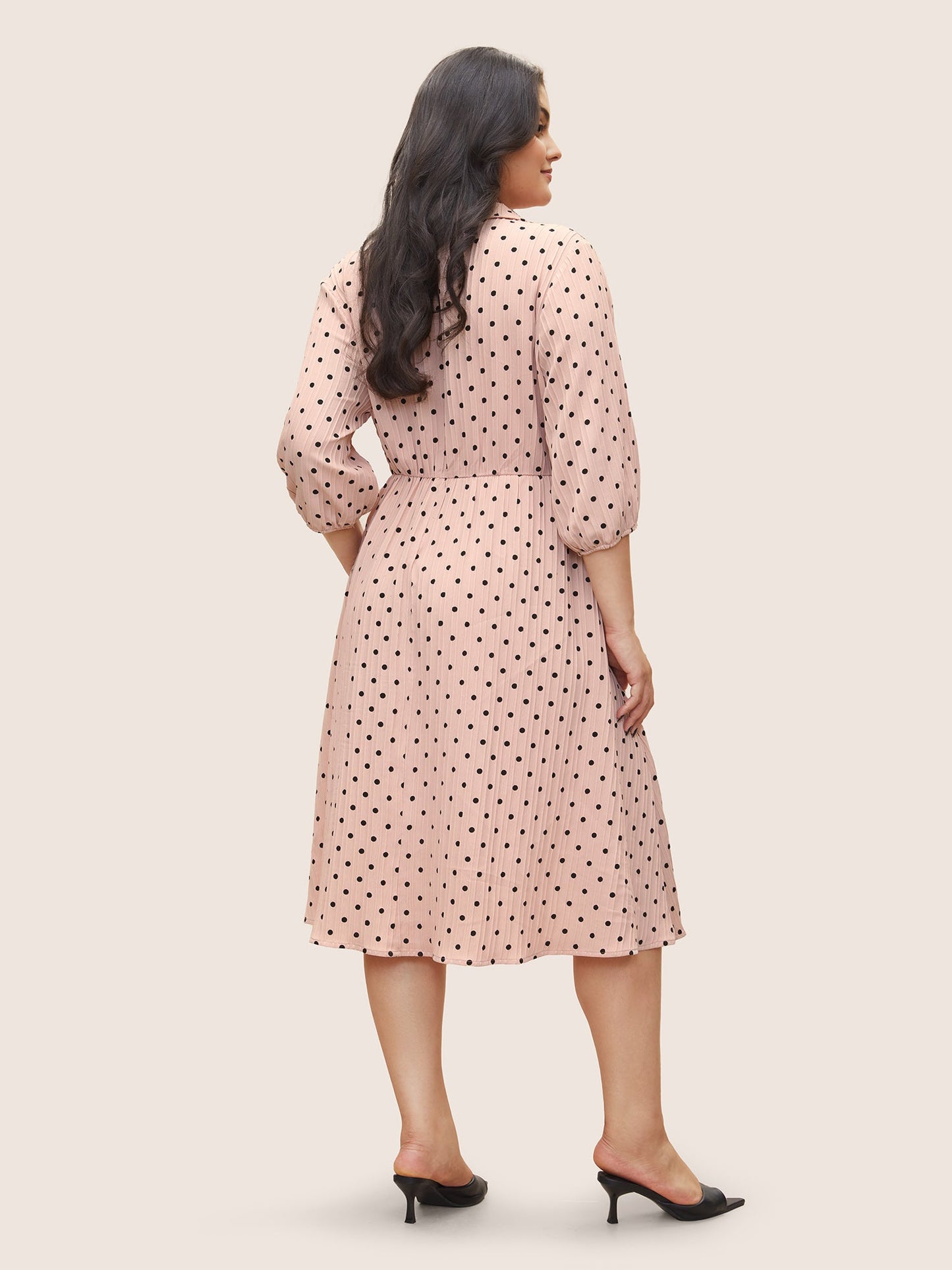 Polka Dot Textured Elastic Waist Button Up Dress