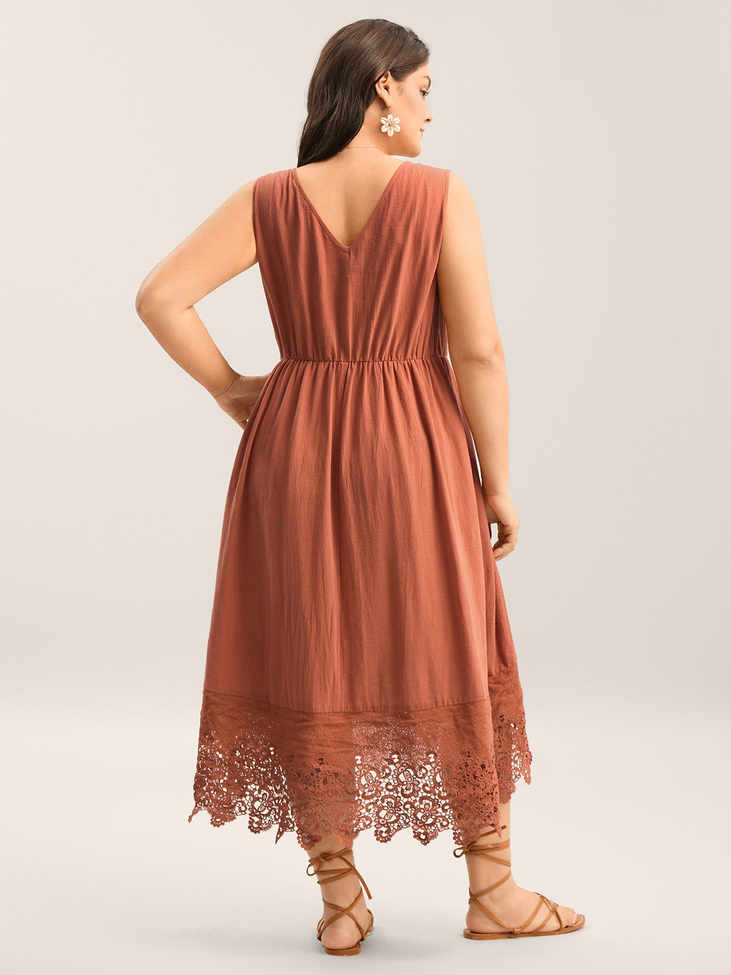 Cotton Lace Trim High Low Hem Midi Dress