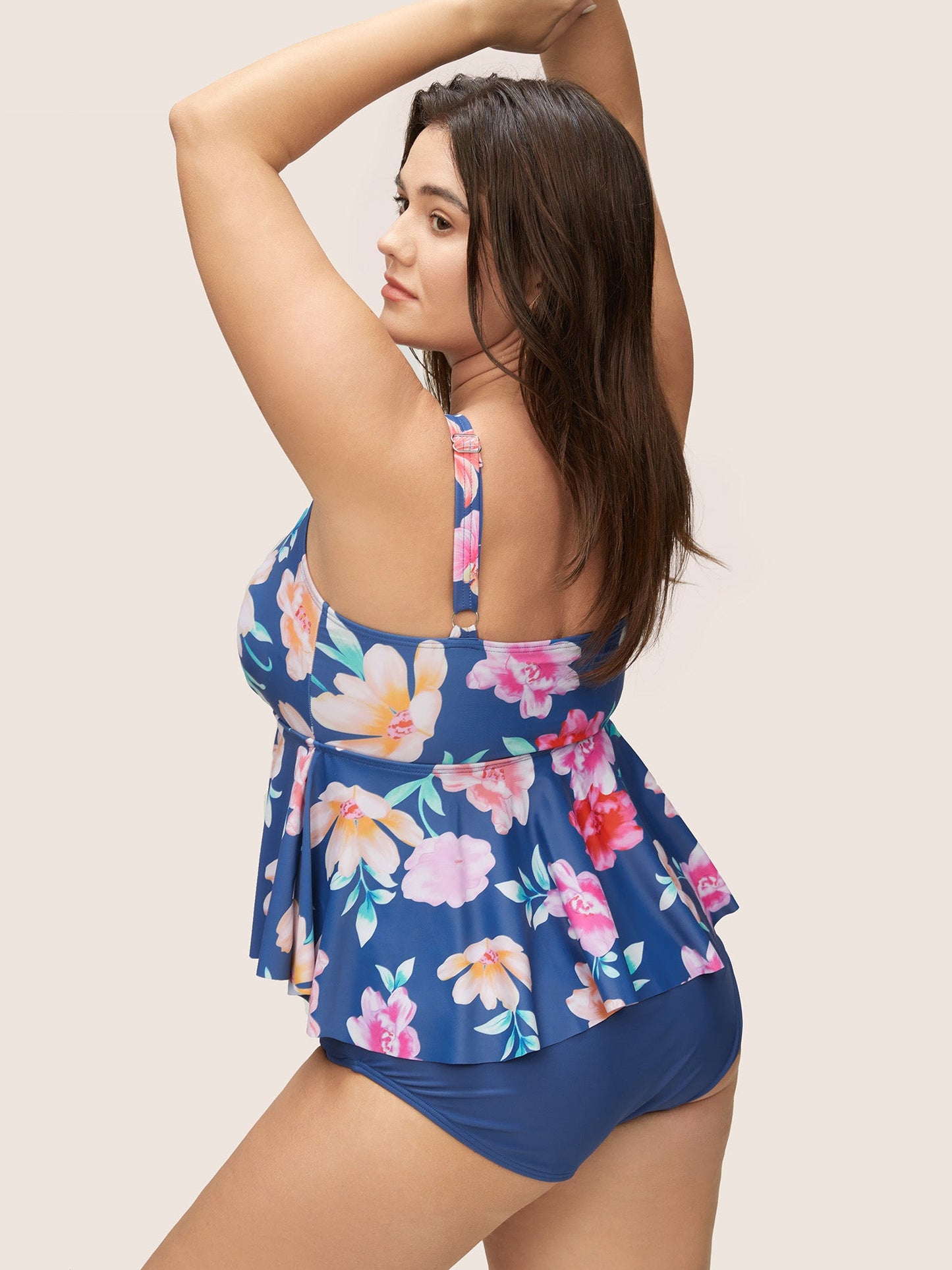 Floral Ruffle Hem Adjustable Straps One Piece Swimsuit