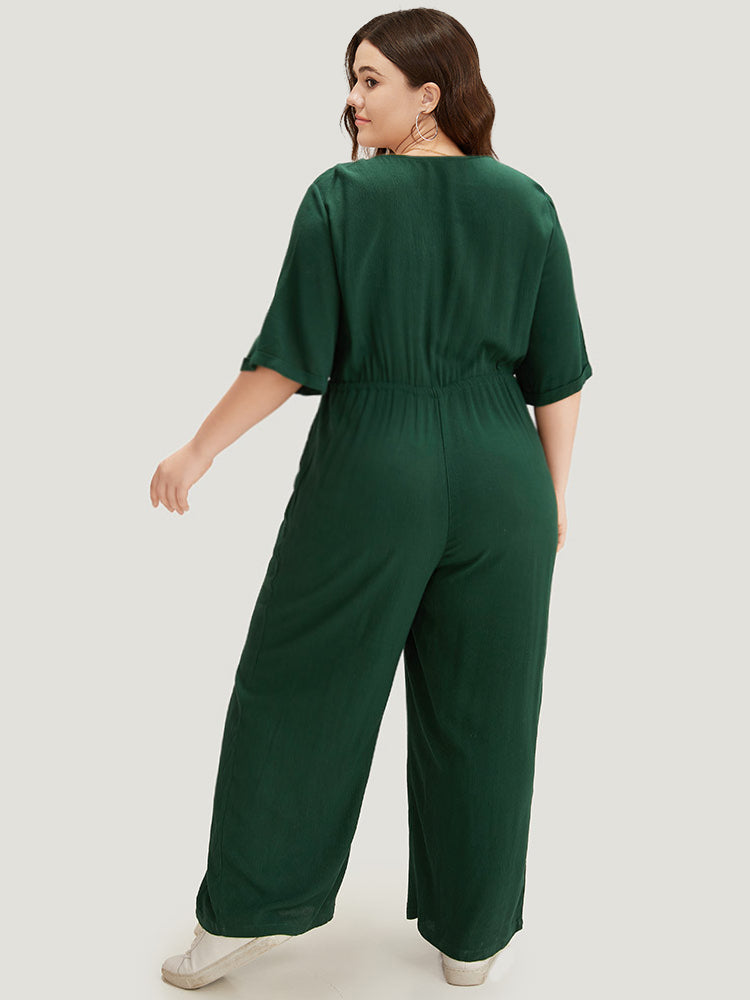 Plain Textured V Neck Pocket Button Through Drawstring Jumpsuit