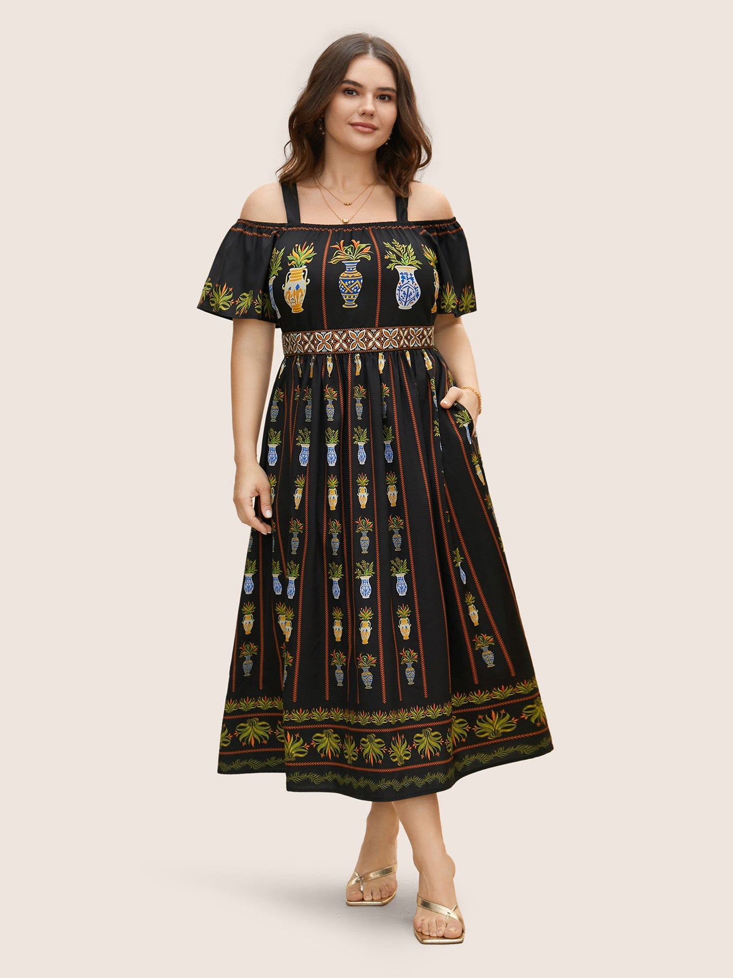 Boho Print Off Shoulder Woven Ribbon Dress