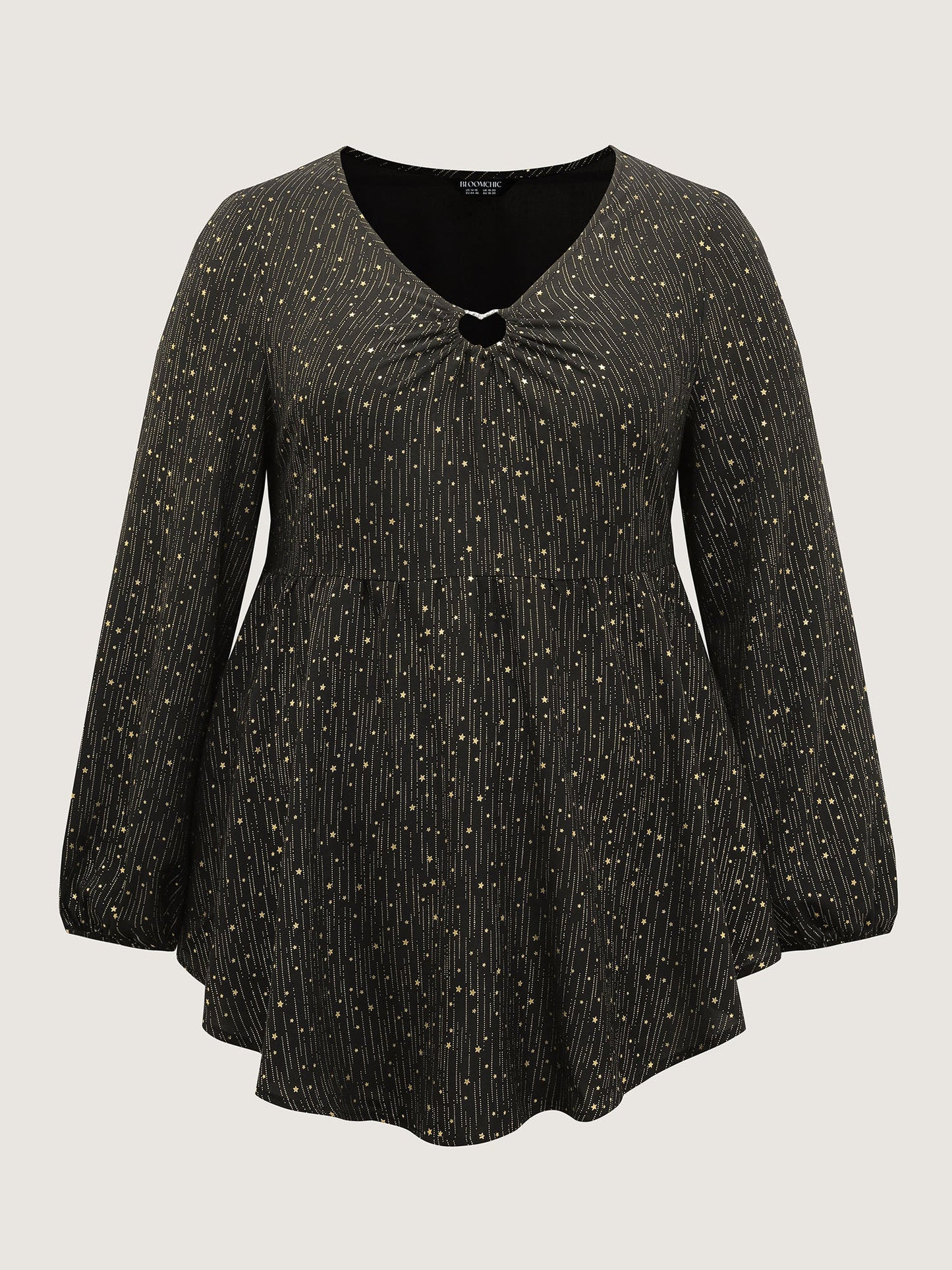 Gold Stamp Ruched Neckline Flowy Blouse