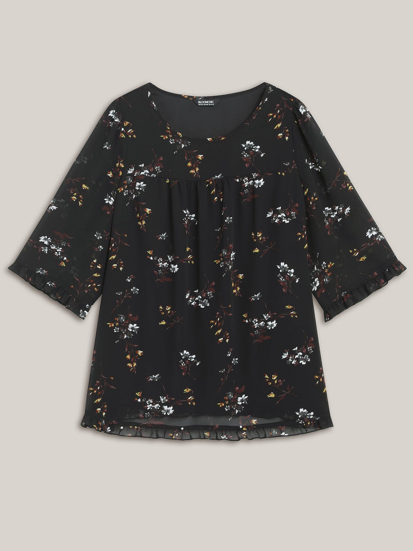 Floral Print Sheer Ruffled Trim Sleeve Shirt