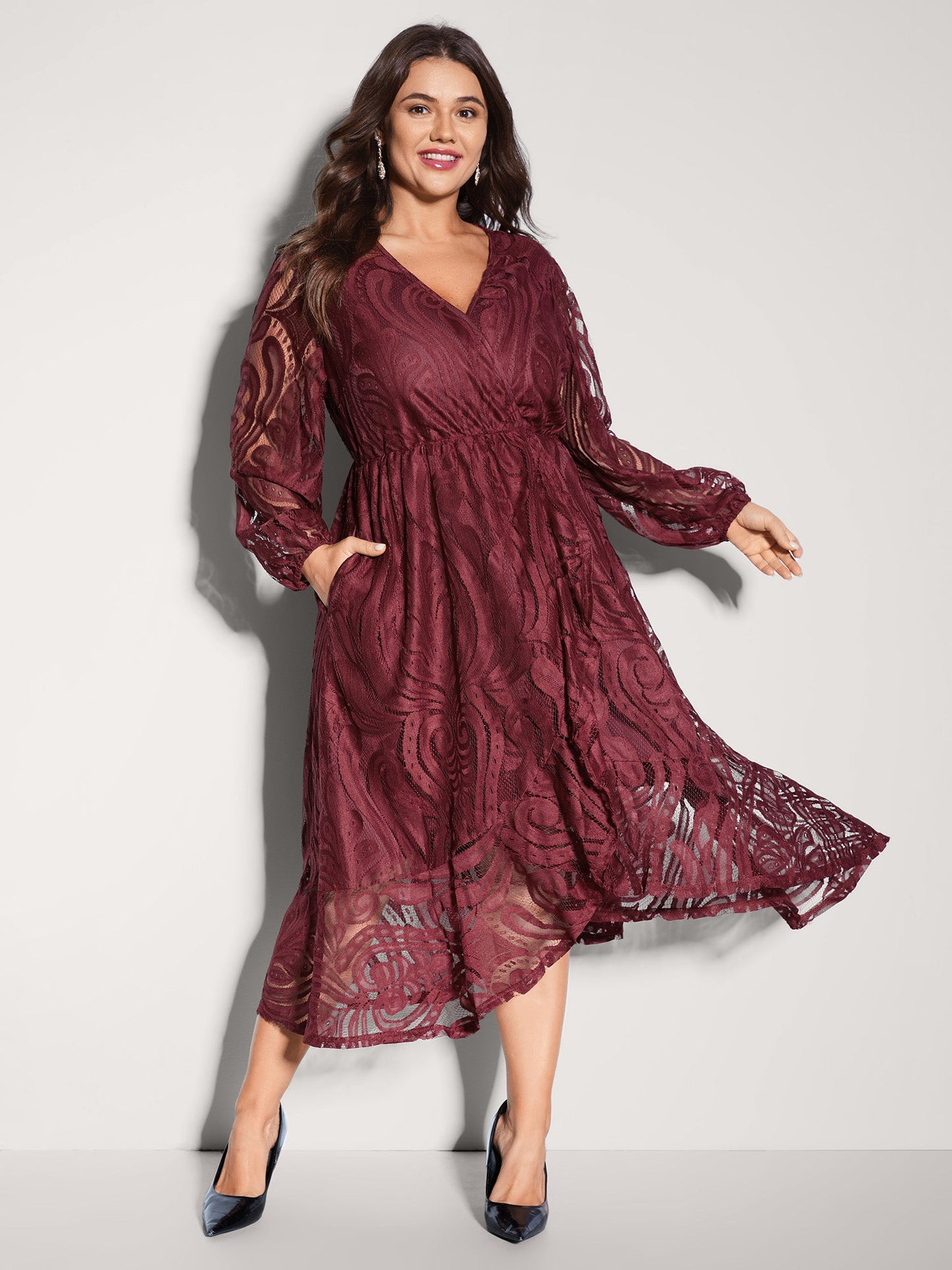 Textured Sheer Lace Midi Dress