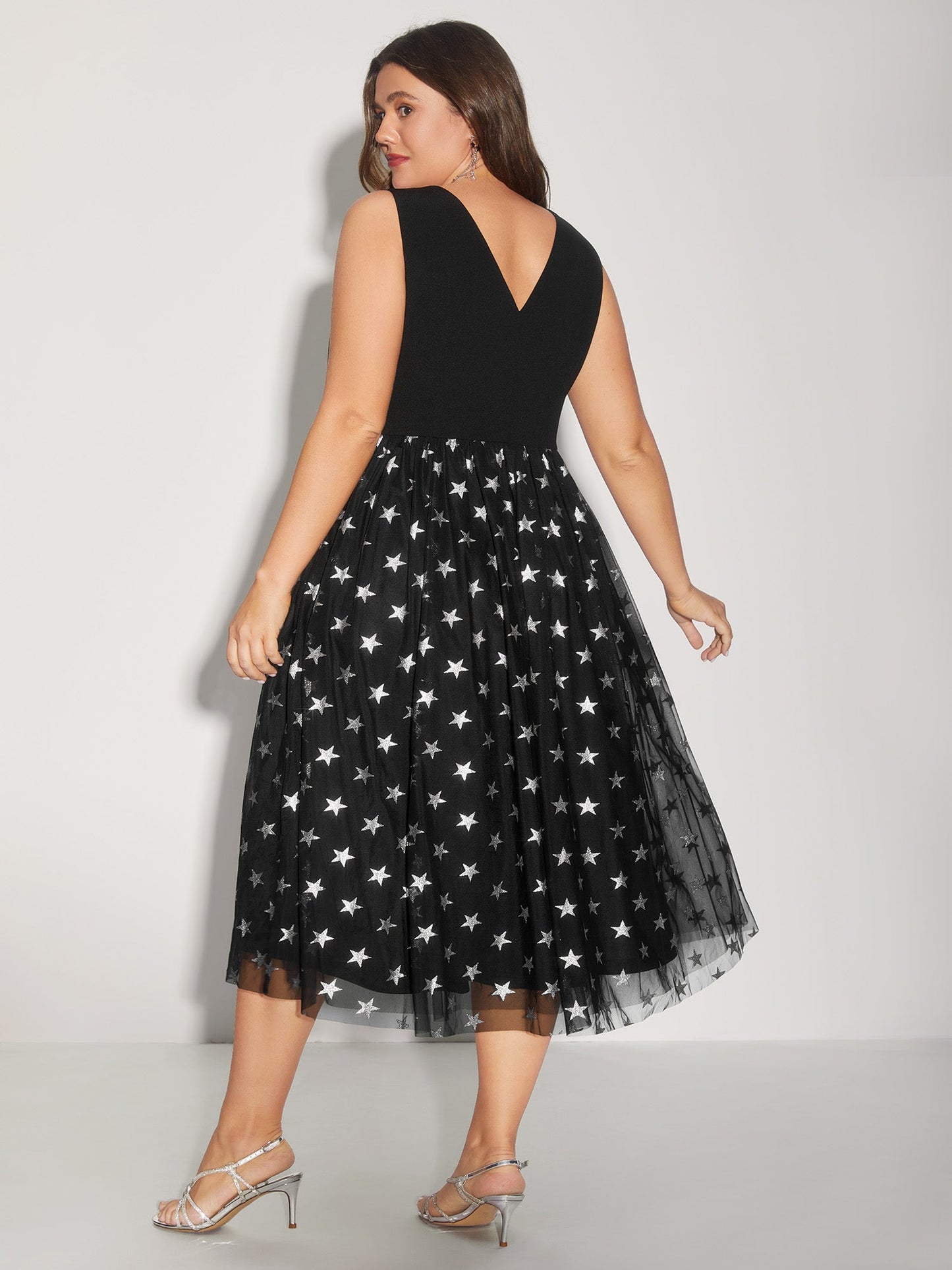 Sequins Star Print V-Neck Midi Dress