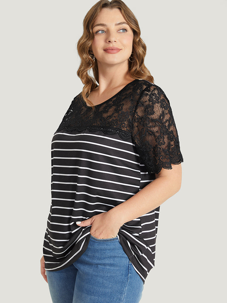 Striped Patchwork Lace Scalloped Trim T-shirt