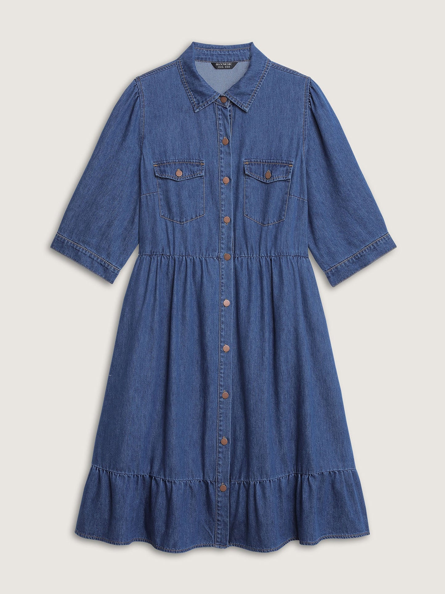 Denim Ruffled Hem Pockets Shirt Dress