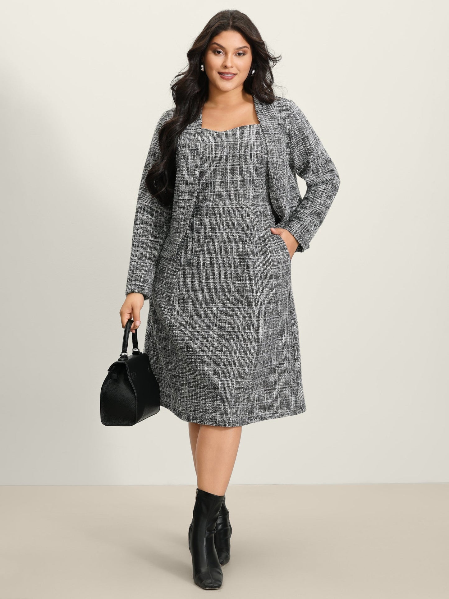 Tweed Sweetheart Neck Cinched-Waist Midi Dress