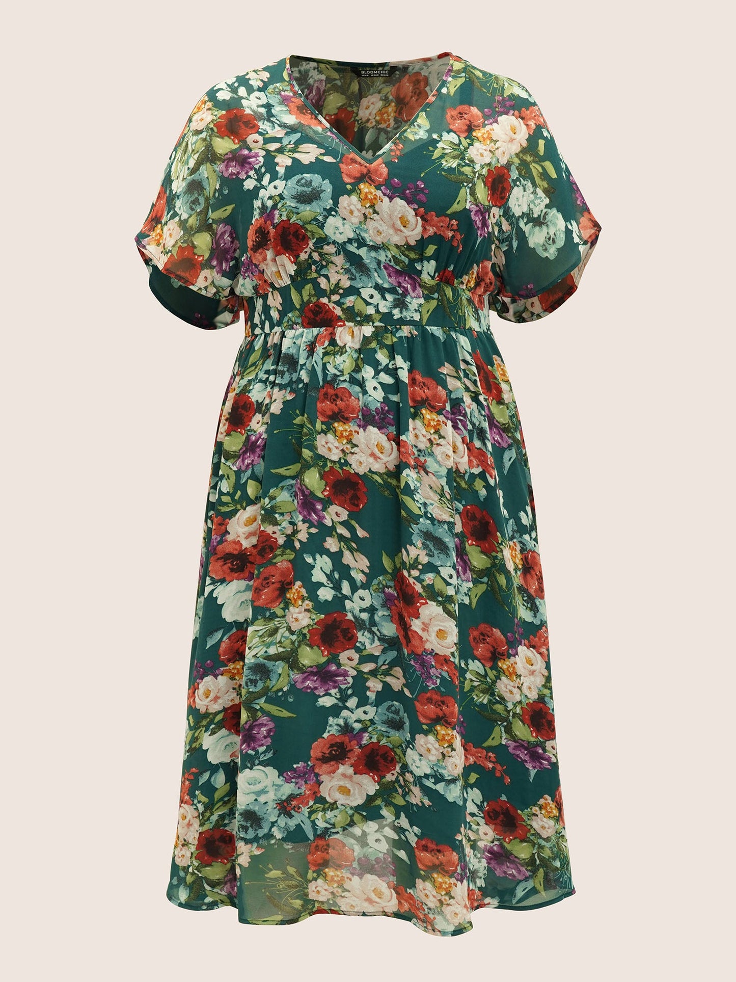 V Neck Chiffon Floral Dolman Sleeve Dress