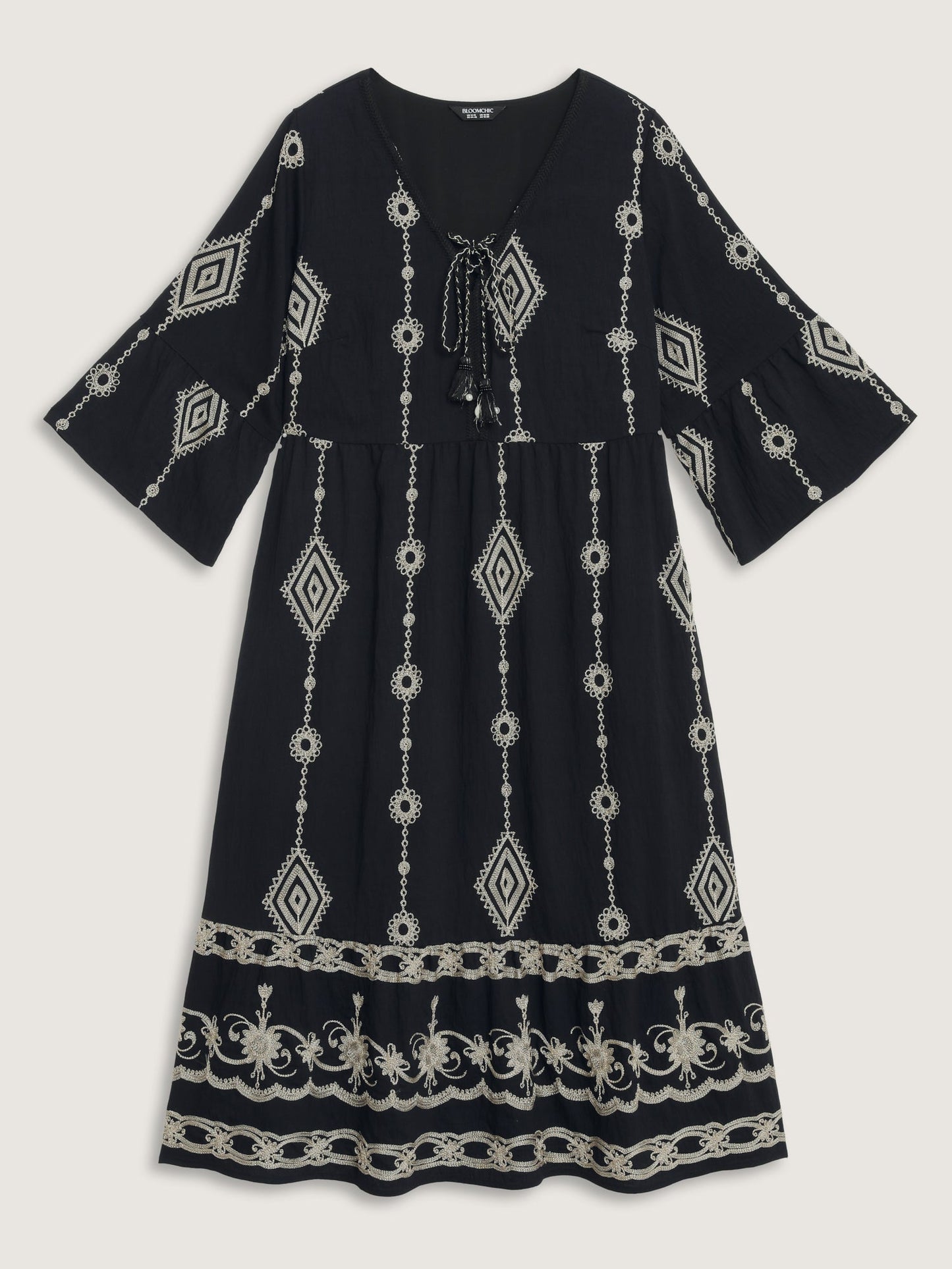 Gold Thread Embroidery Flared Sleeve Midi Dress