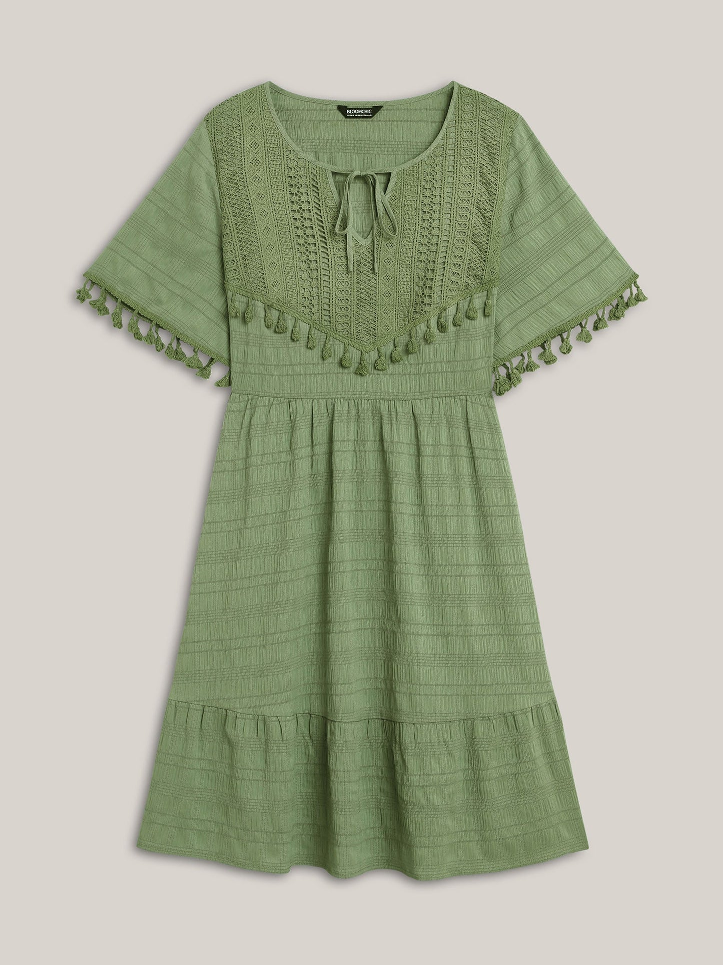Lace Neck-Tie Pockets Tiered Midi Dress