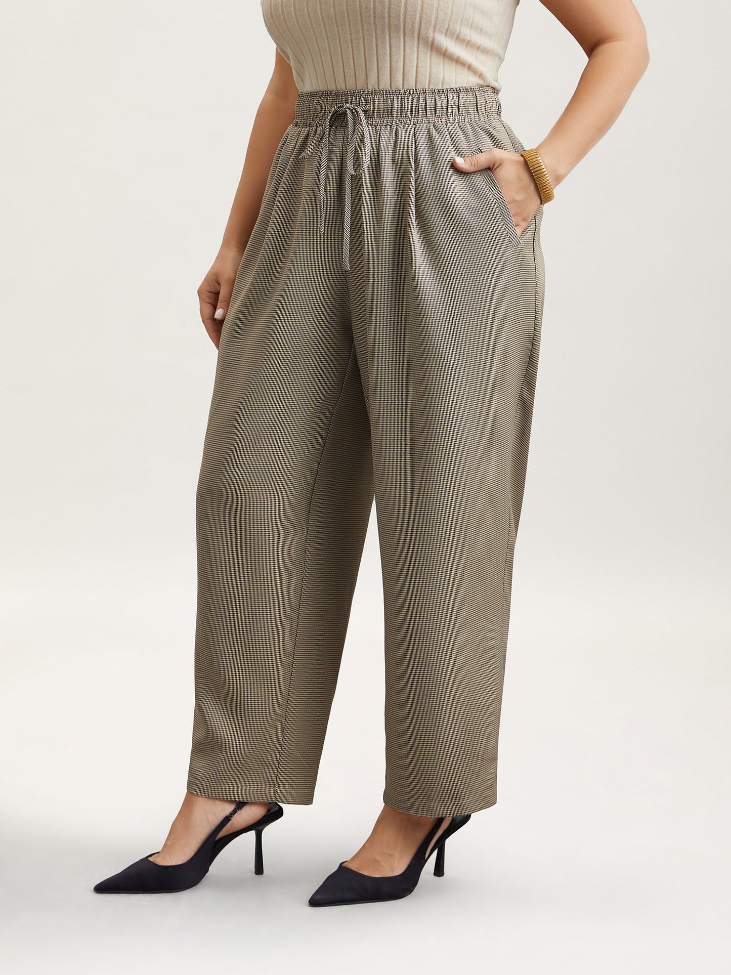 Houndstooth Print Drawstring Waist Pants