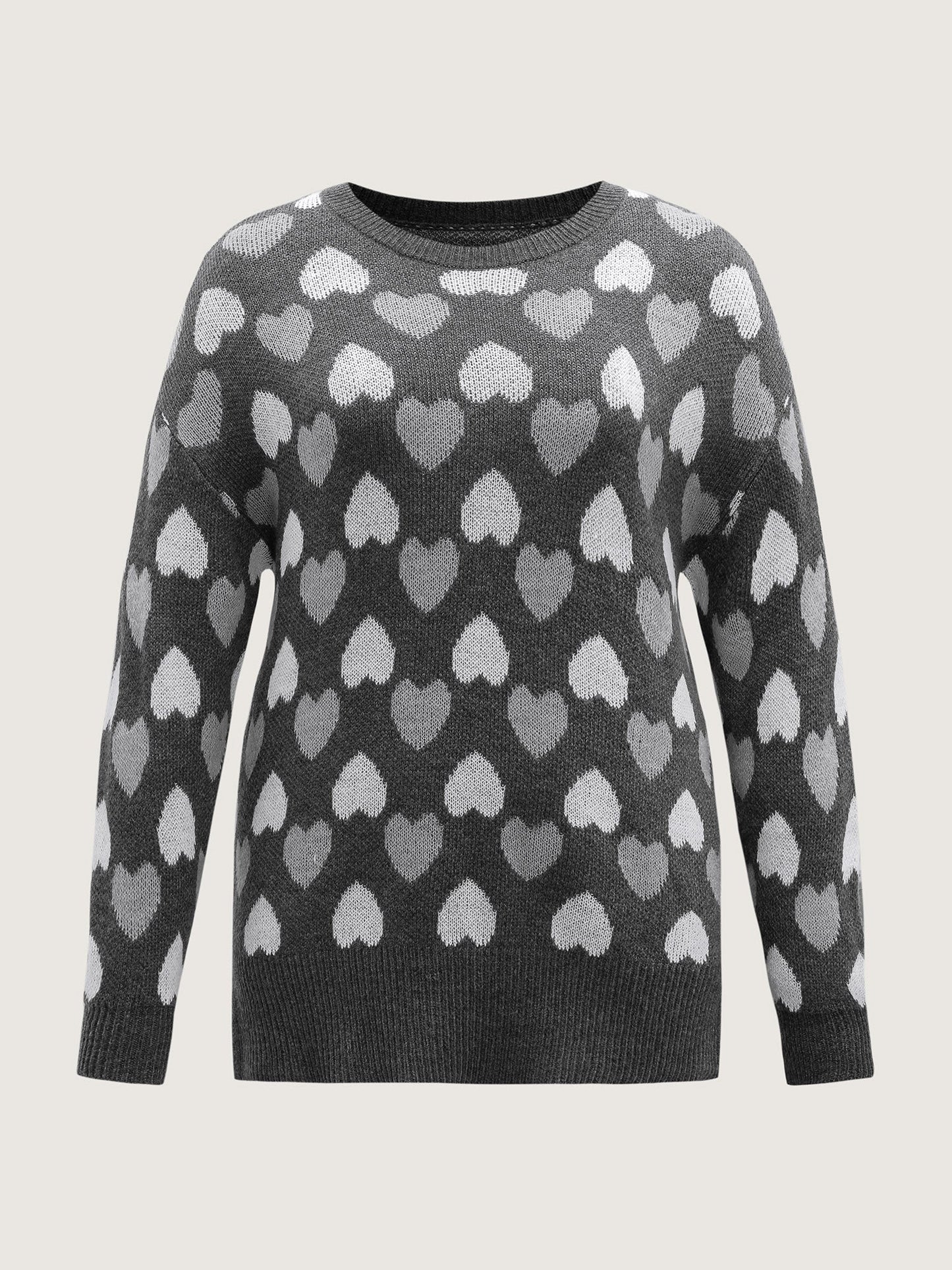 Monochrome Hearts Slit Round Neck Pullover