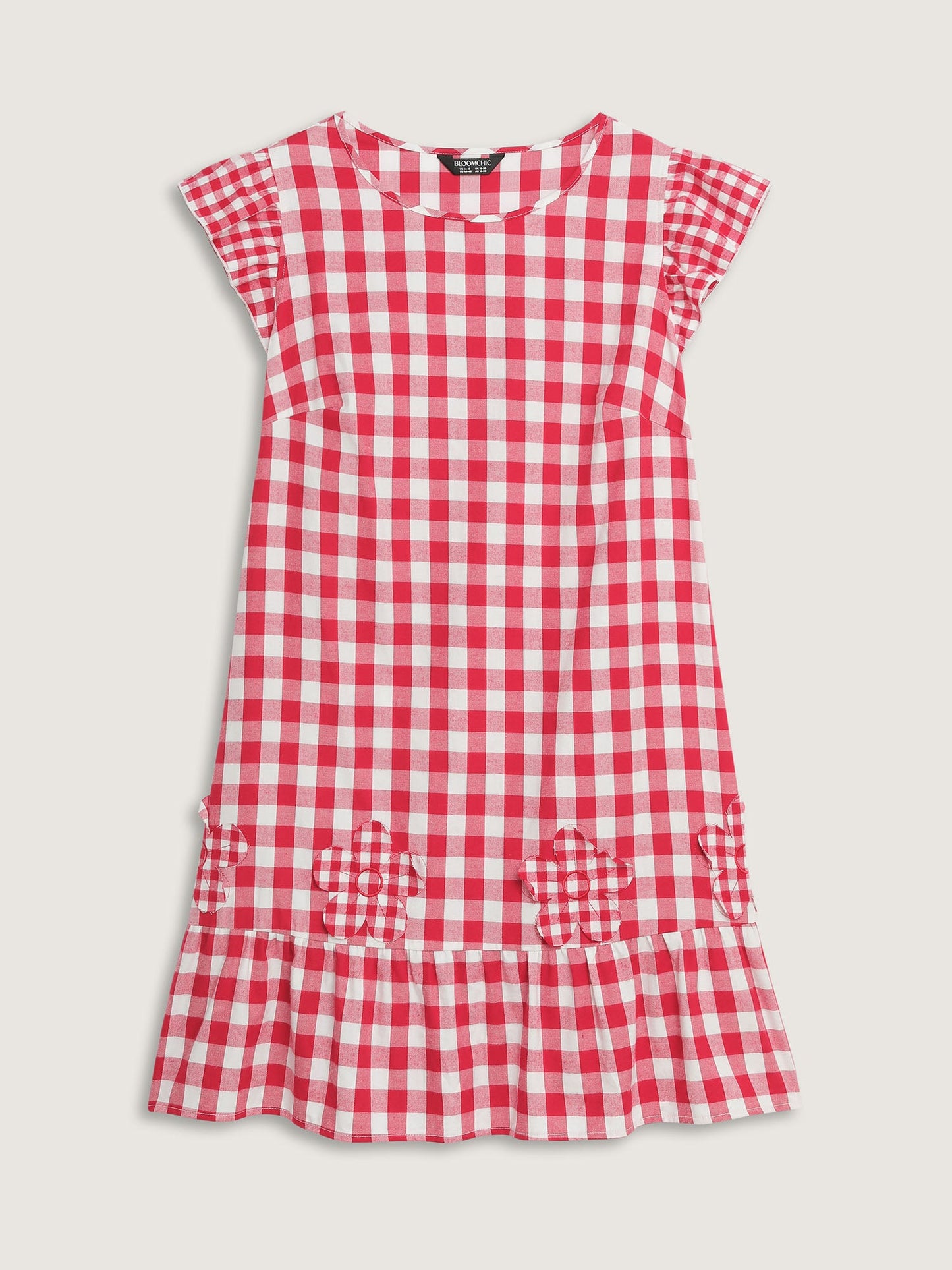 Cotton Gingham Embroidered Ruffled Hem Knee Dress