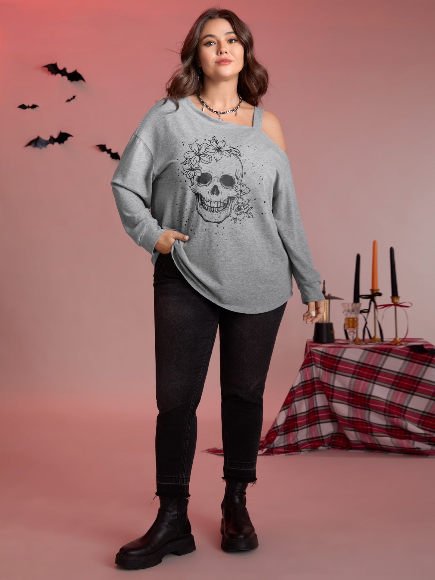 Floral Skull Print One-Shoulder Sweatshirt