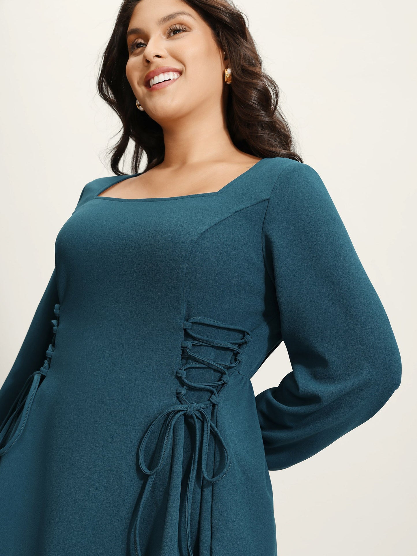 Cinched-Waist Cross-Tie Stretchy Blouse