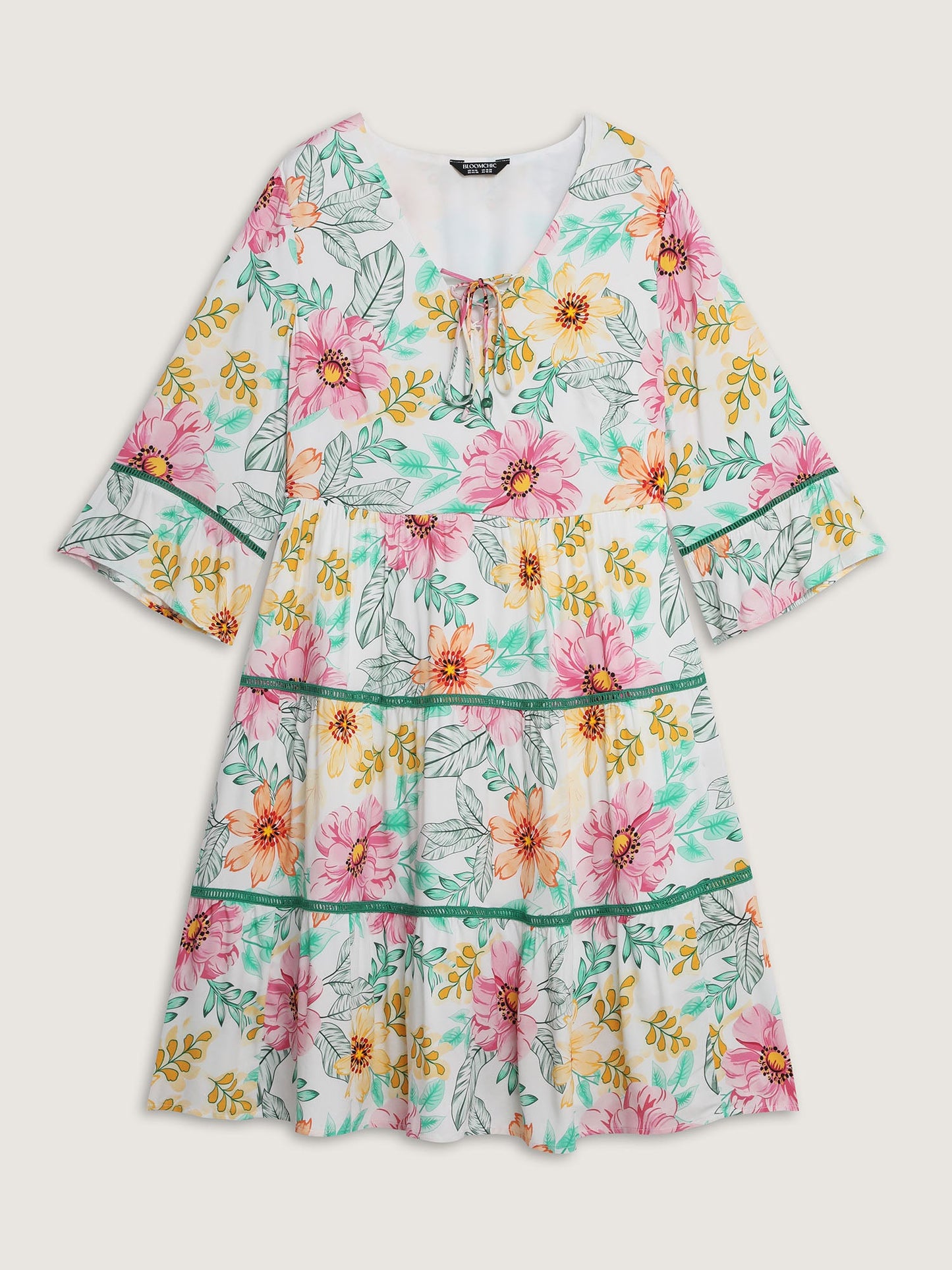 Floral Print Neck-Tie Tiered Knee Dress