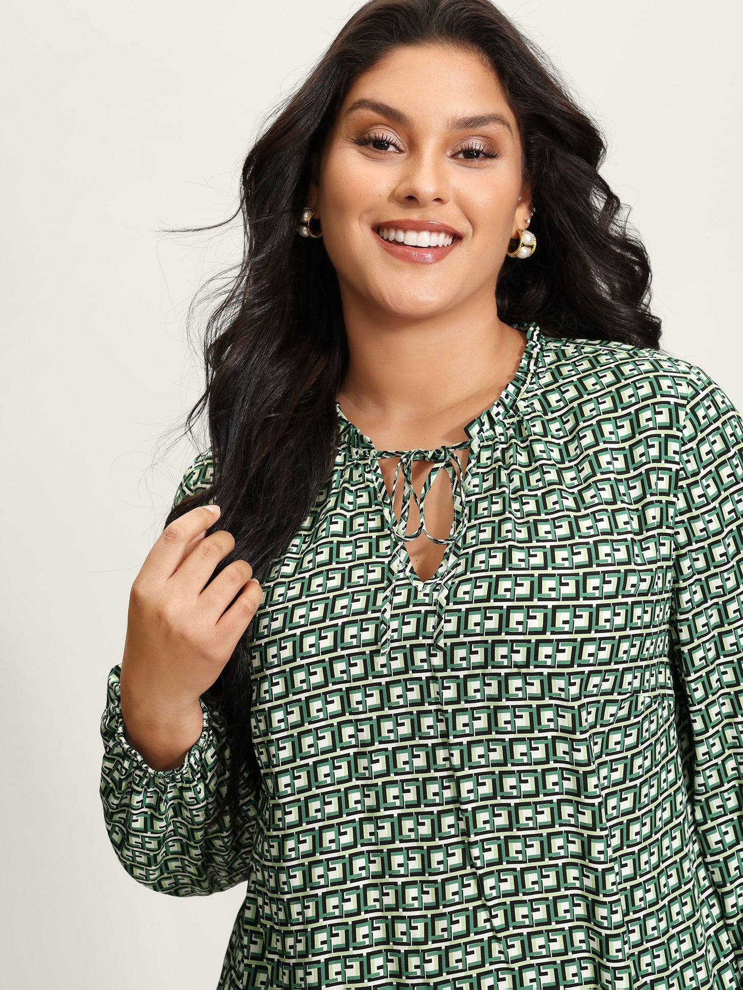 Geometric Print Neck-Tie Relaxed-Fit Blouse