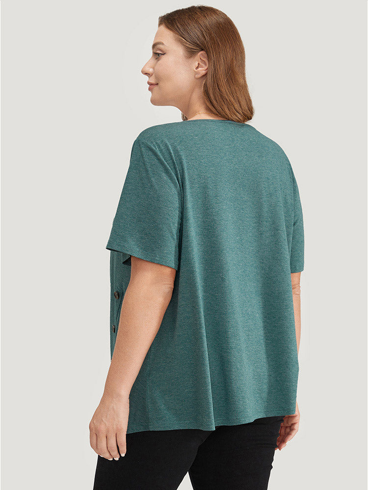 Solid Asymmetrical Hem Button Detail Ruffles T-shirt