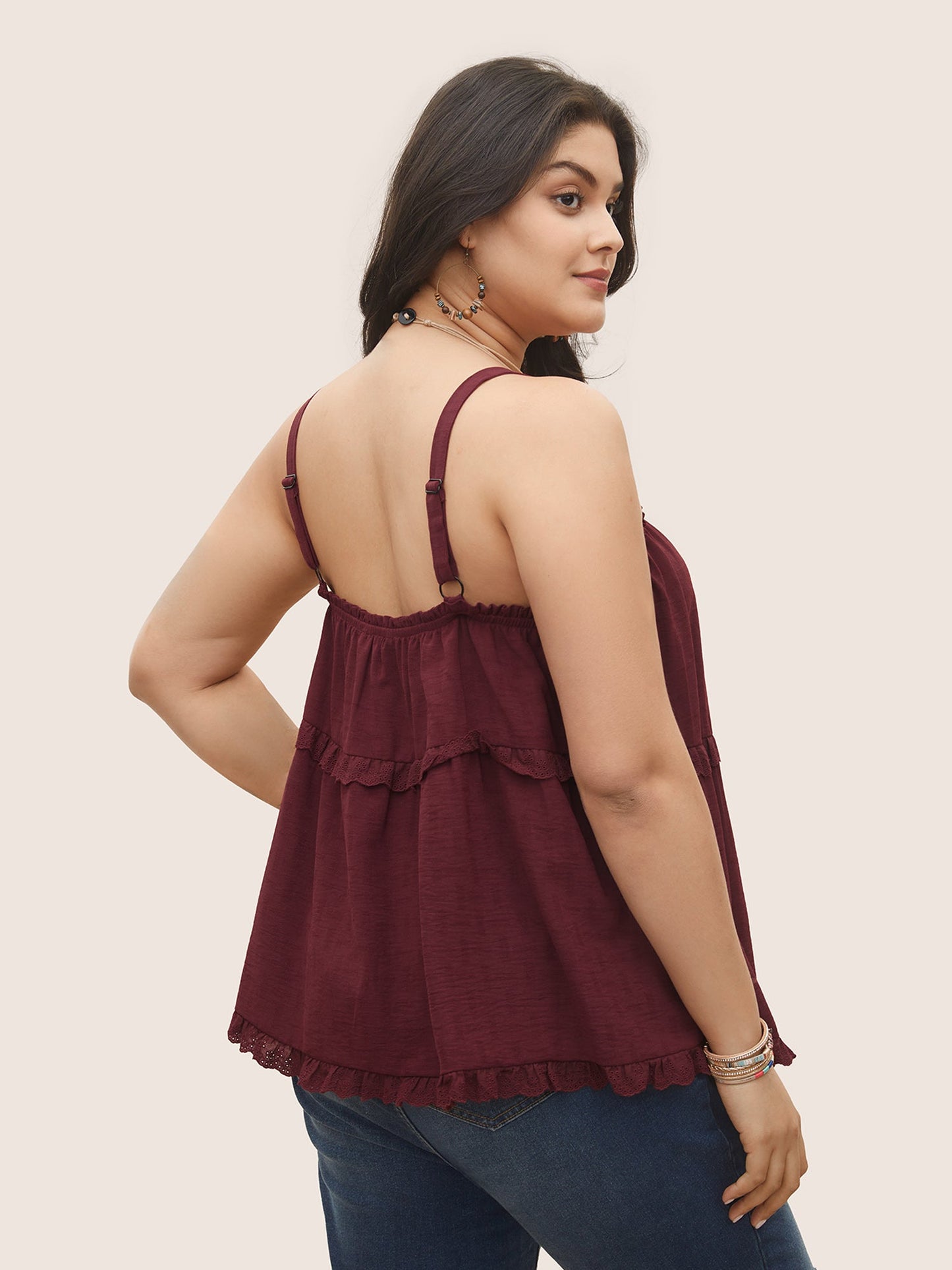 Solid Broderie Anglaise Lace Patchwork Ties Cami Top