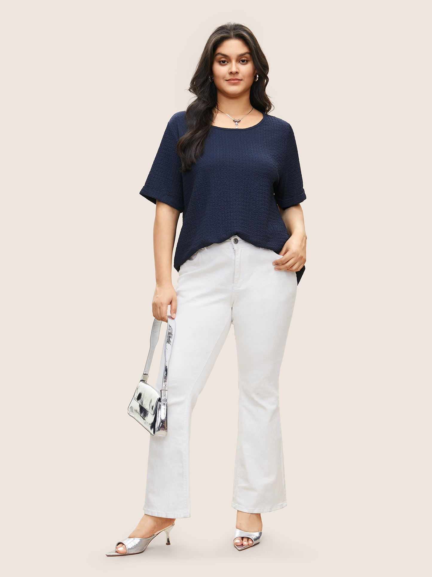 Plain Textured Crew Neck Cuffed Sleeve T-shirt