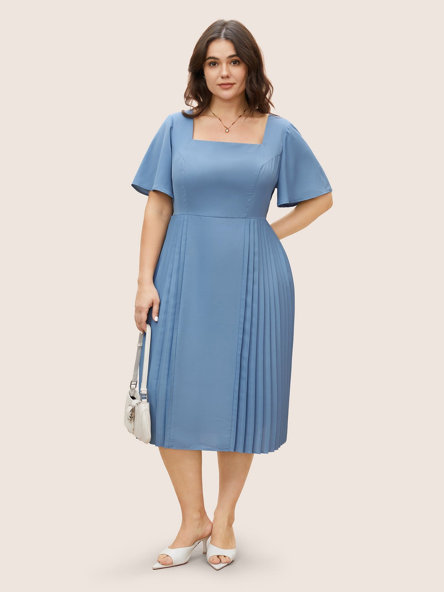 Square Neck Plain Pleated Ruffle Sleeve Dress