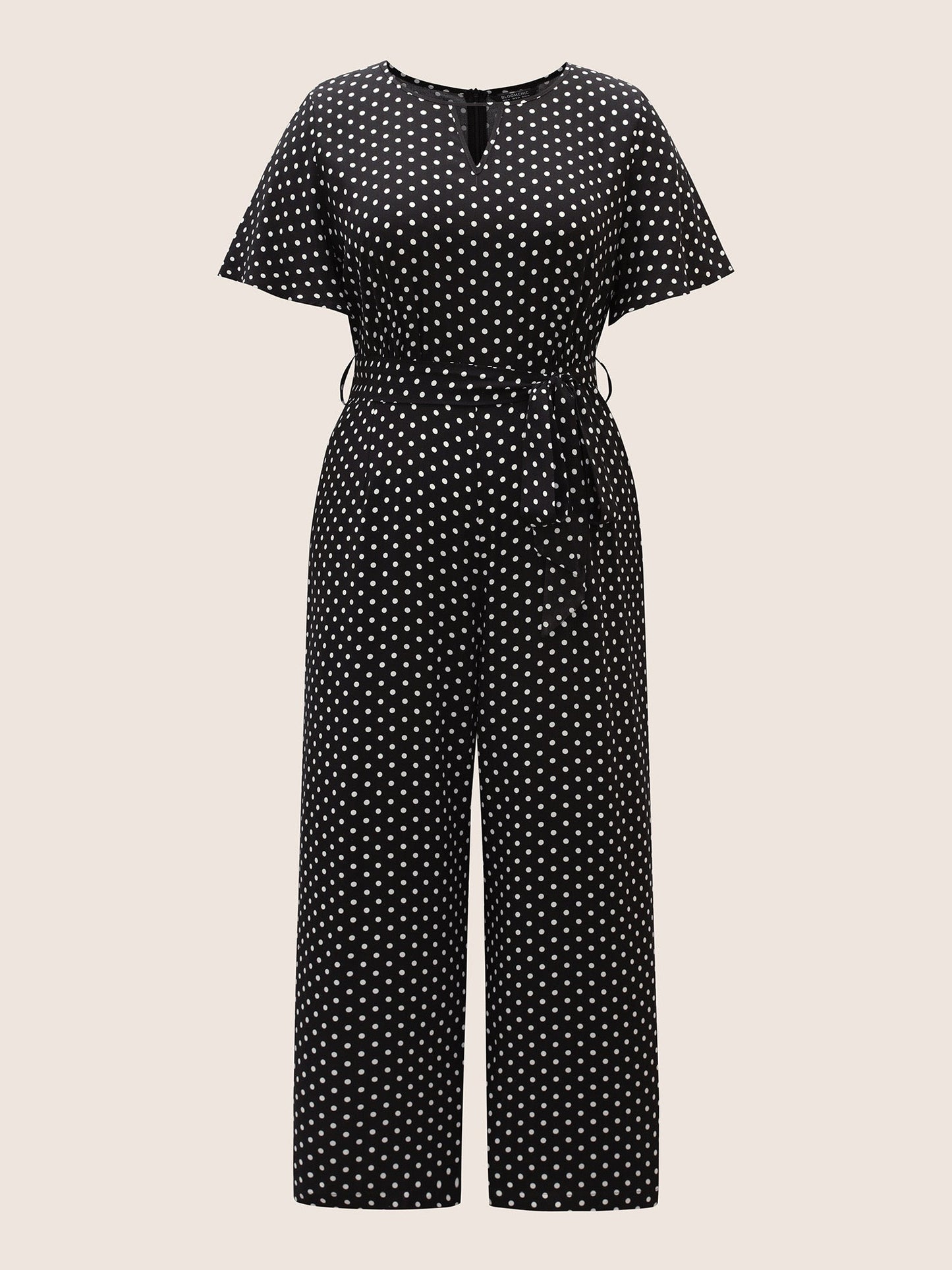 Polka Dot Cut Out Zipper Belted Jumpsuit