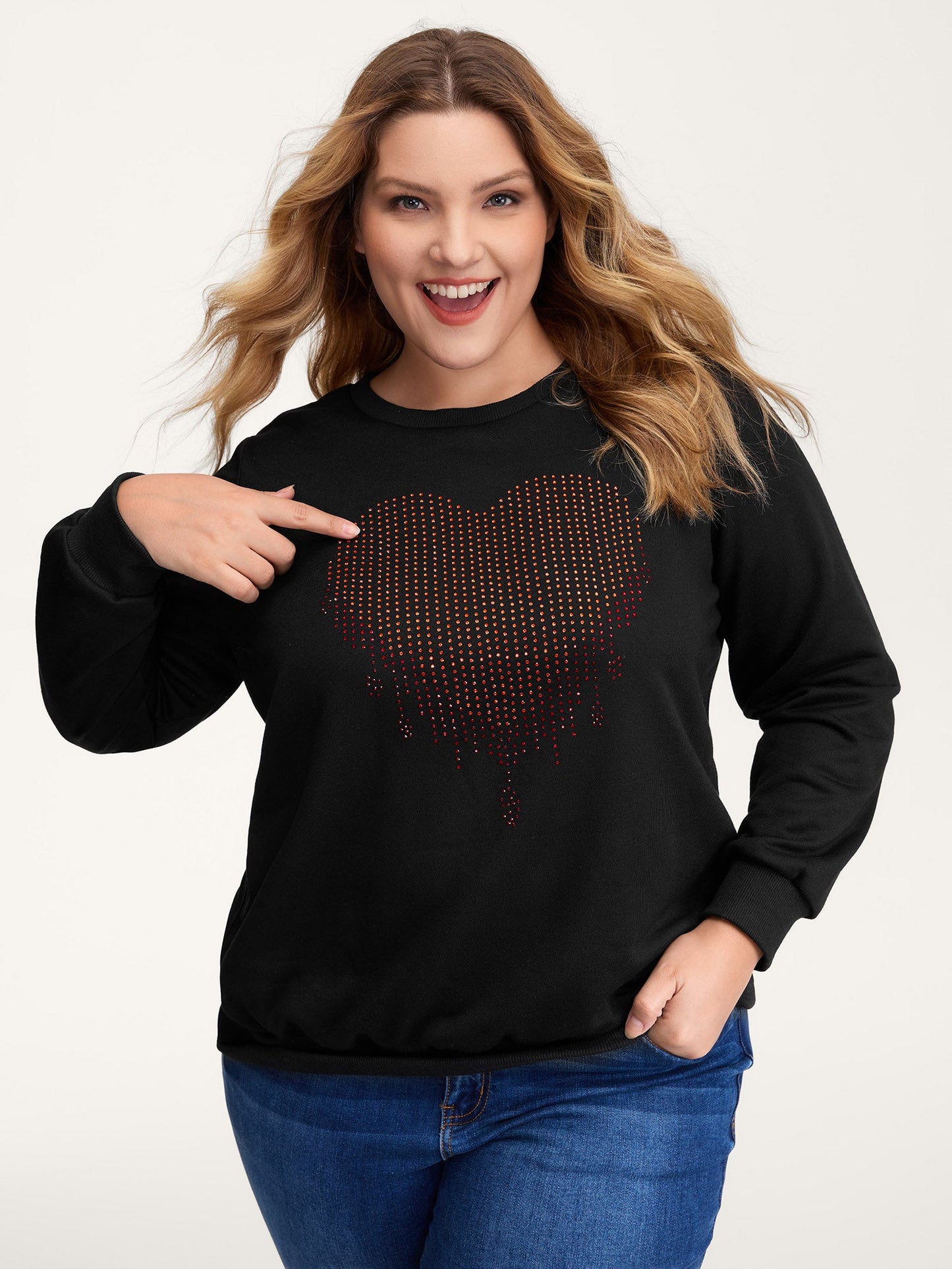 Heart Motif Rhinestones Round Neck Sweatshirt