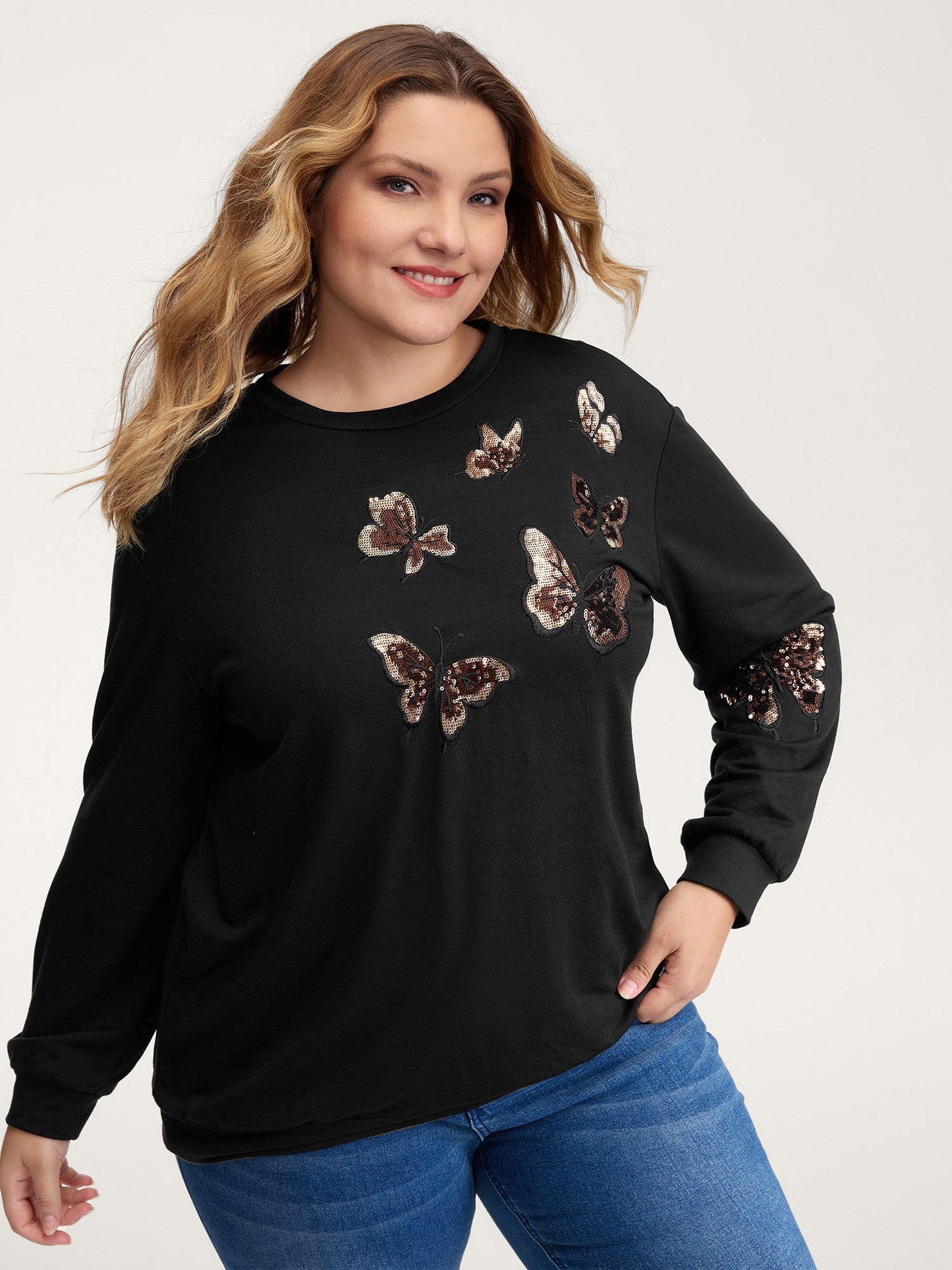 Butterfly Sequin Embroidery Relaxed-Fit Sweatshirt
