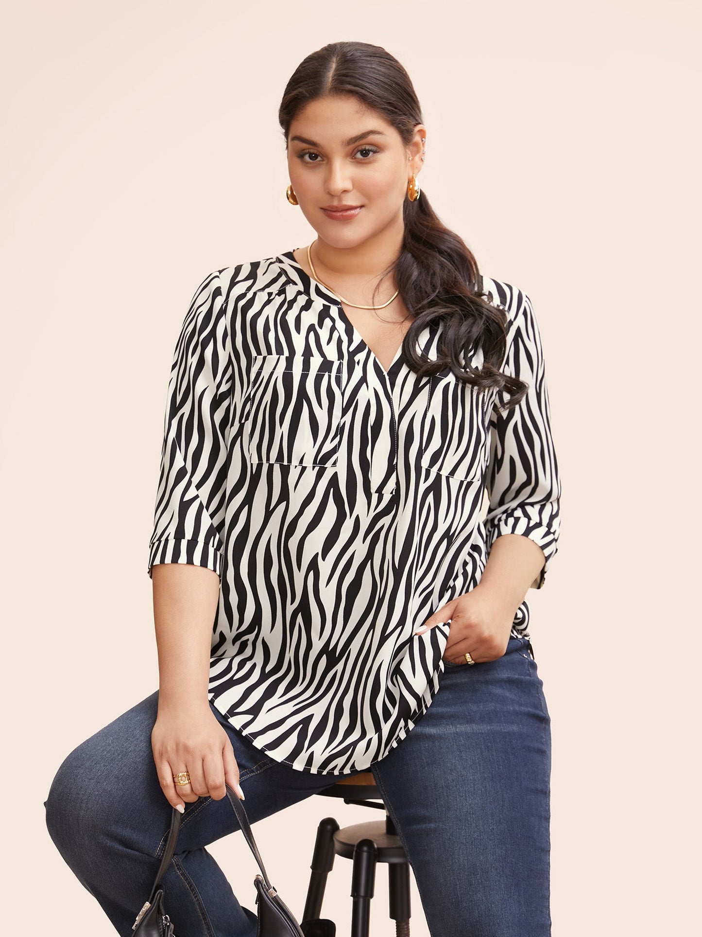 Zebra Print Notched Patched Pocket Blouse