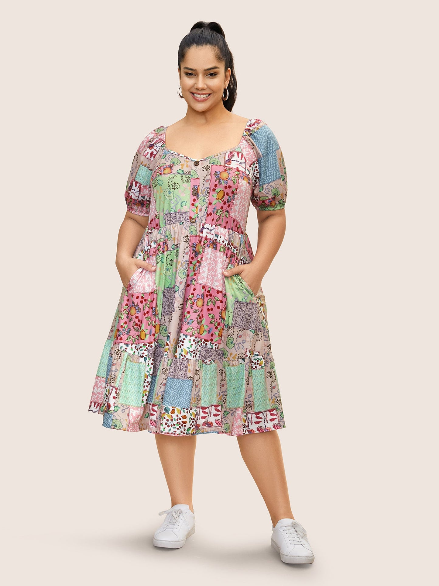 Patchwork Boho Print Raglan Sleeve Midi Dress