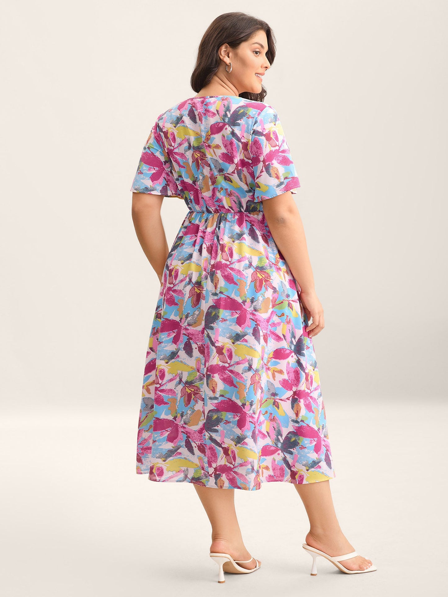 Large Flower Print Cinched-Waist Midi Dress