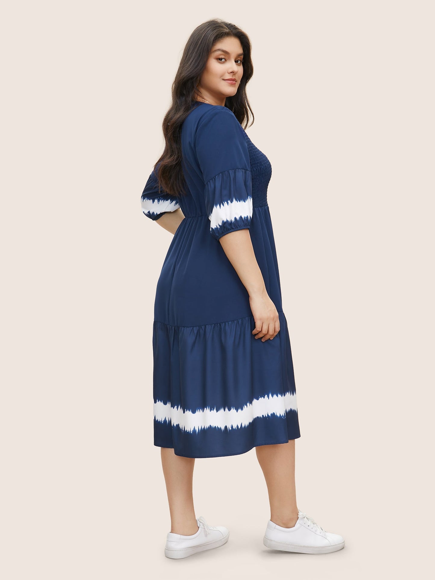 Tie Dye Shirred Pocket Notched Dress