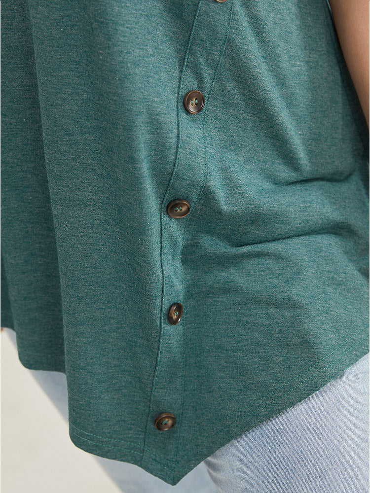 Solid Asymmetrical Hem Button Detail Ruffles T-shirt