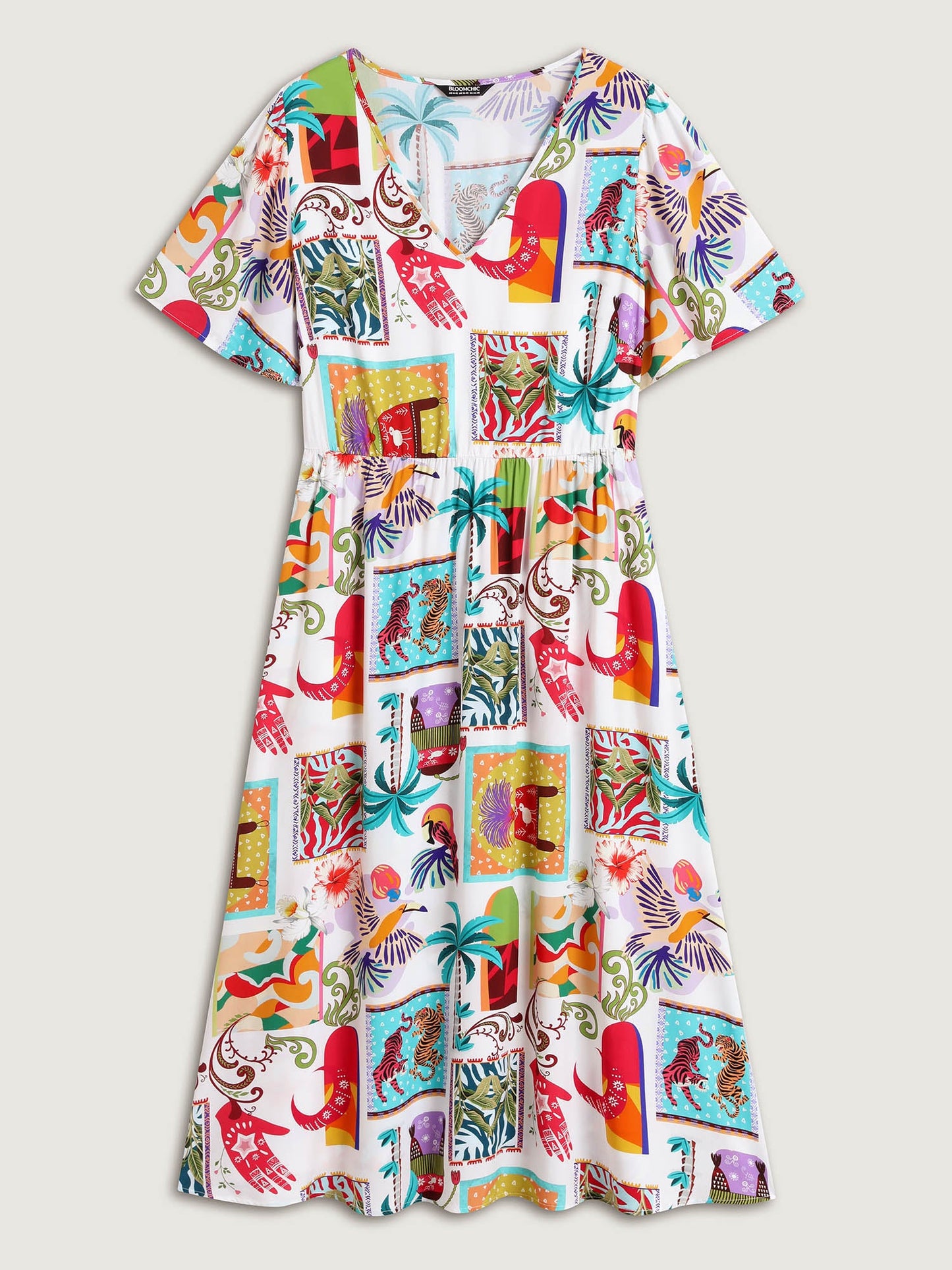 Tropical Collage Print Pockets Midi Dress