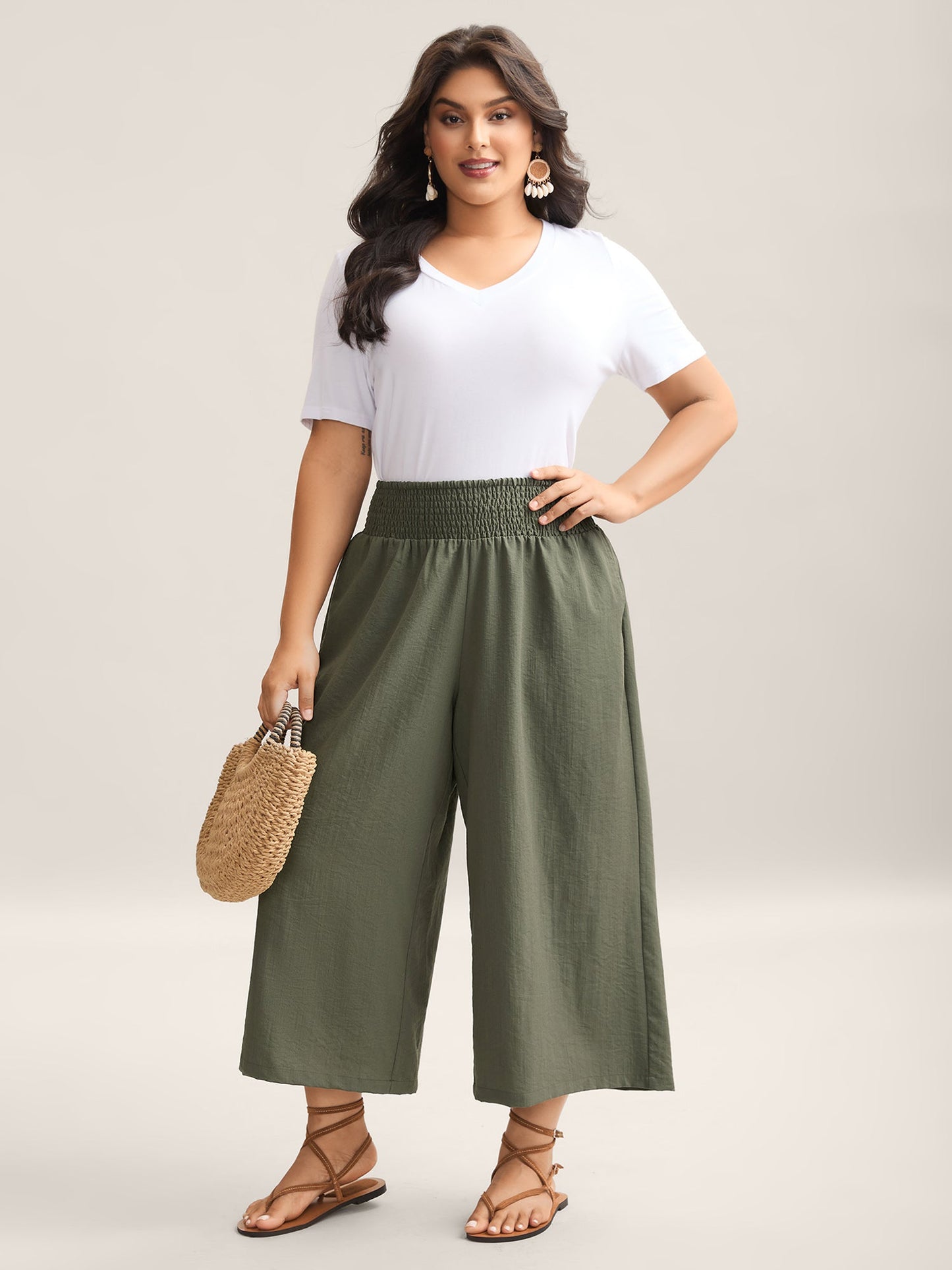 Shirred Waist Wide-Leg Solid Pants