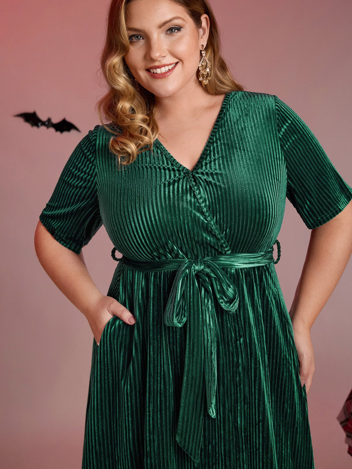 Glossy Textured Velvet Wrap Tied Midi Dress