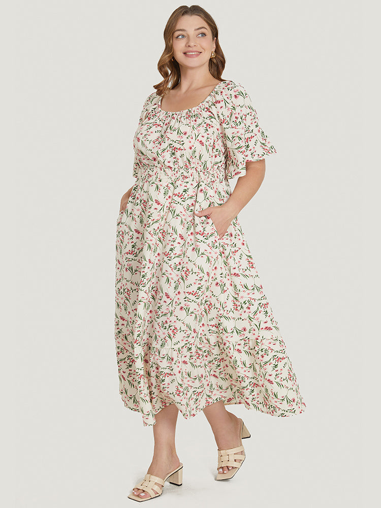 Ditsy Floral Pocket Square Neck Shirred Ruffles Dress
