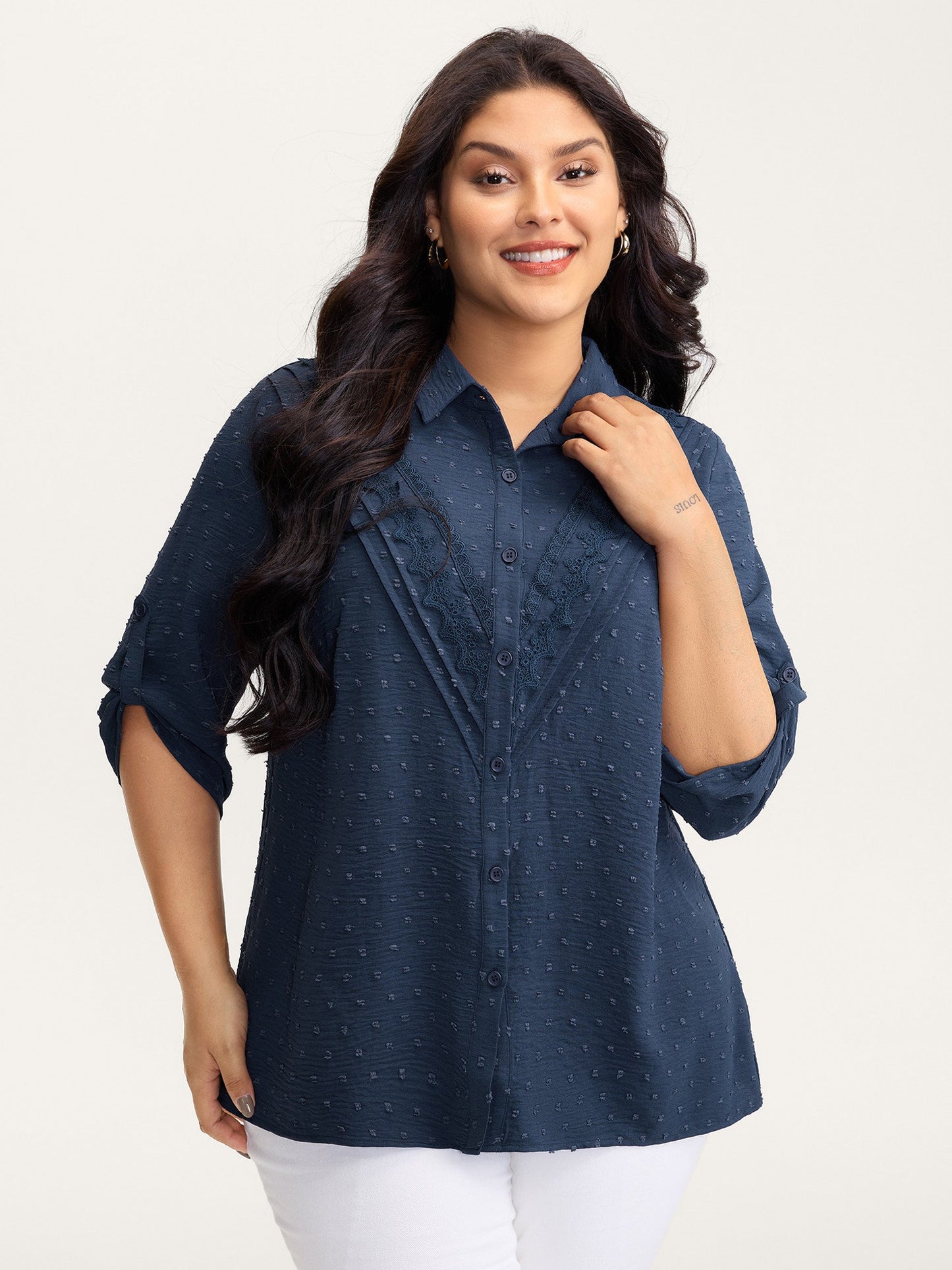 Textured Lace Trim Button-Down Shirt