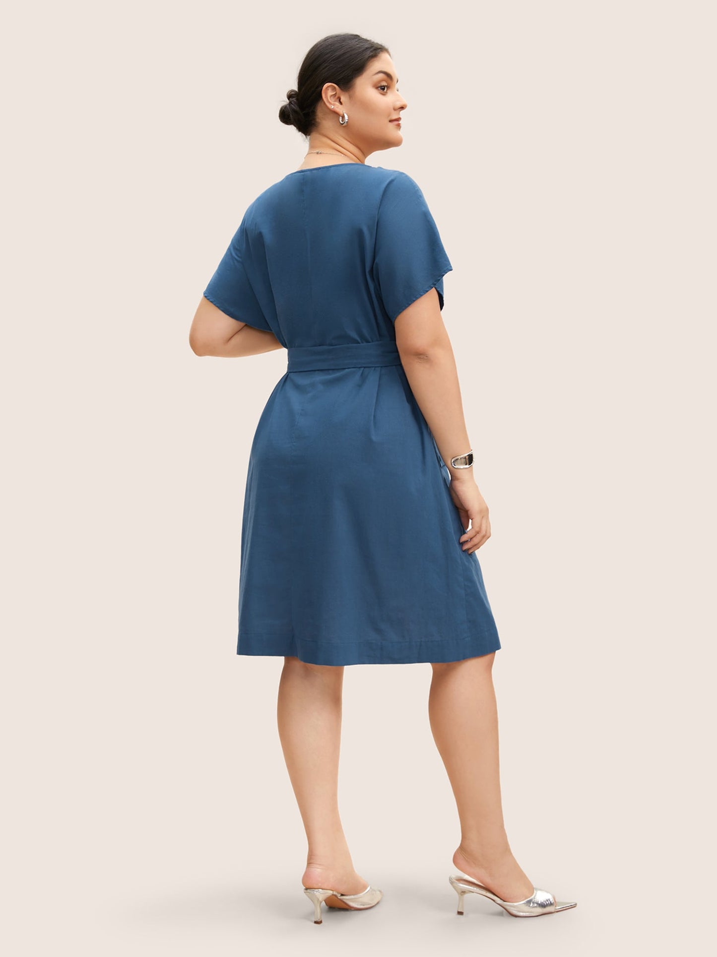 Round Neck Half Zip Flap Detail Belted Dress