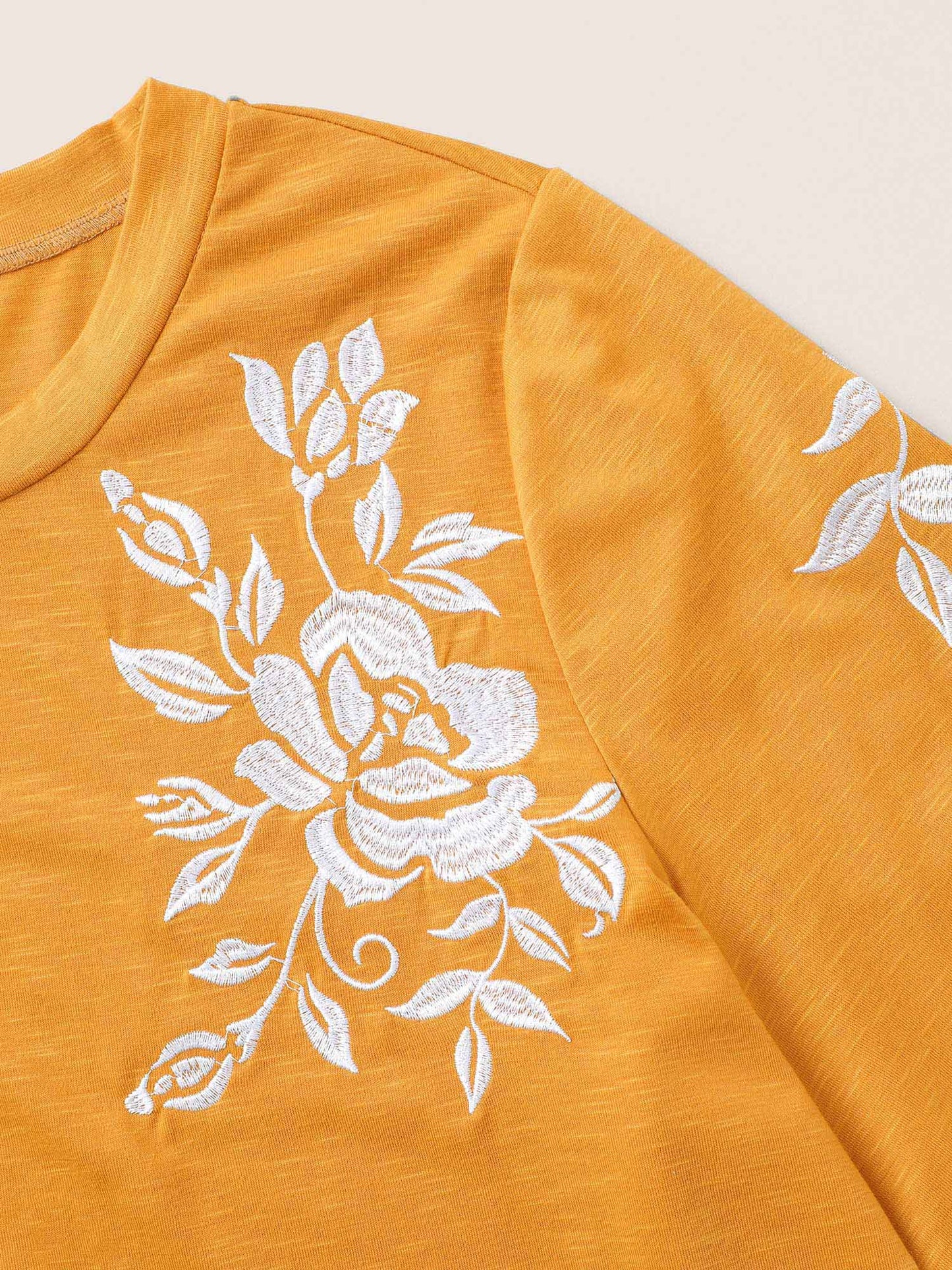 Floral Embroidered Contrast Round Neck T-shirt