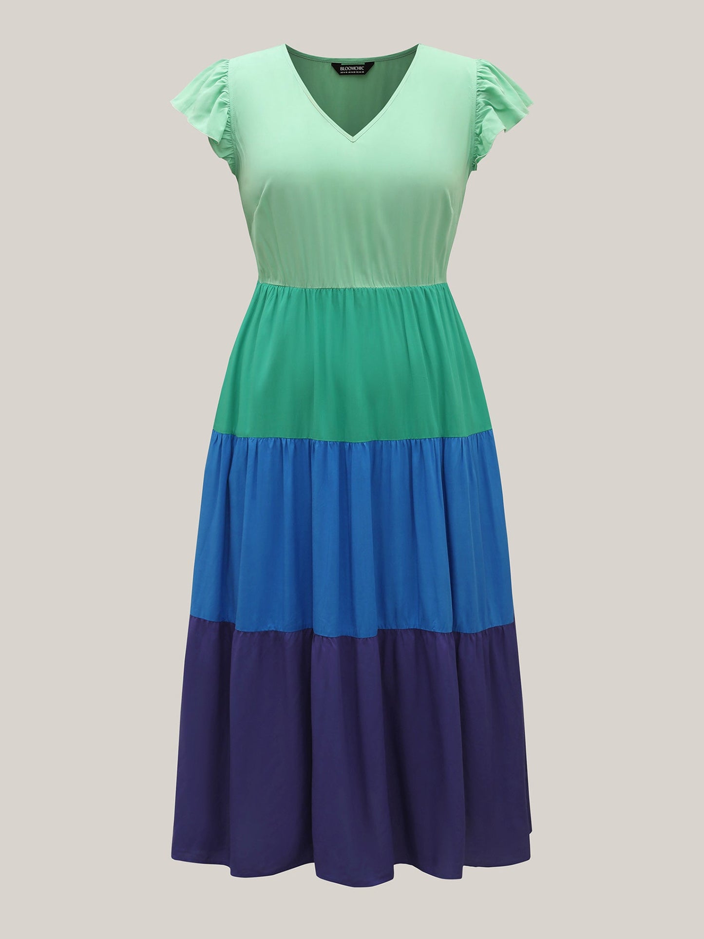 Color Block Flutter Sleeve Pockets Midi Dress
