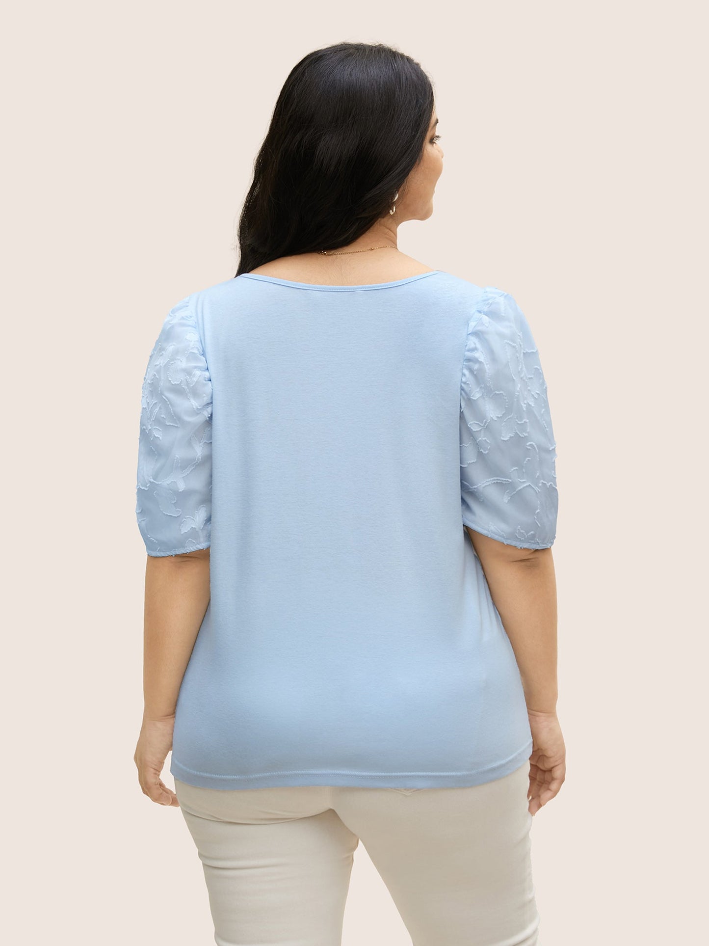 U Neck Chiffon Patchwork Bishop Sleeve T-shirt