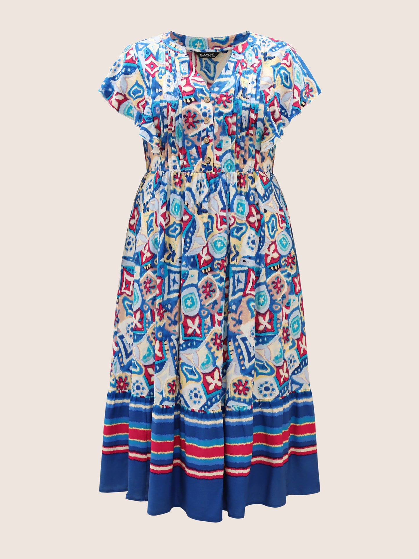 Boho Print Pleated Ruffle Sleeve Dress