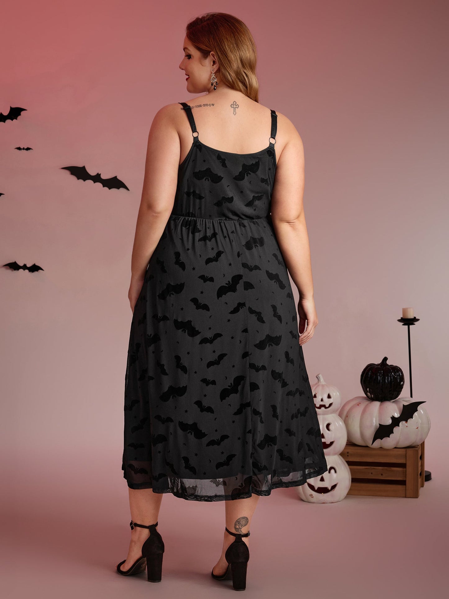 Bat Chilling Print Stretchy Waist Midi Dress