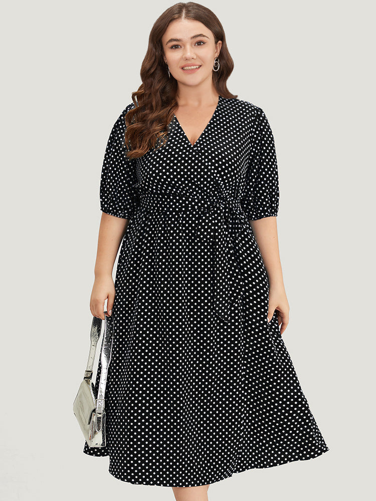 Polka Dot Belted Lantern Sleeve Surplice Neck Dress