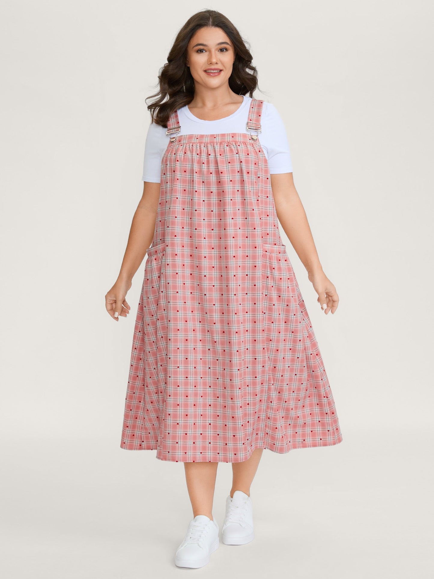 Gingham Overall Adjustable Pockets Midi Dress