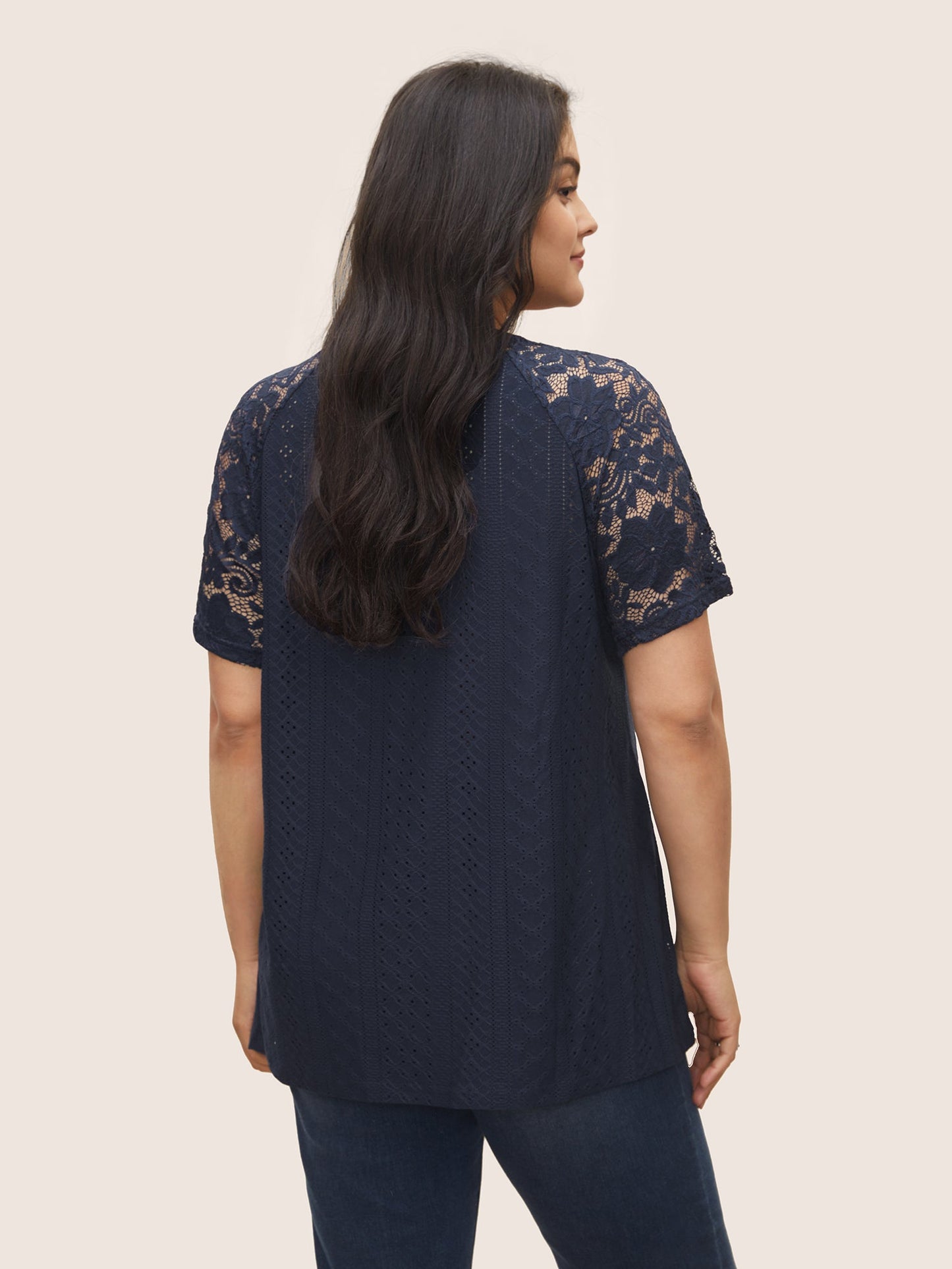 Solid Broderie Anglaise Lace Raglan Sleeve T-shirt